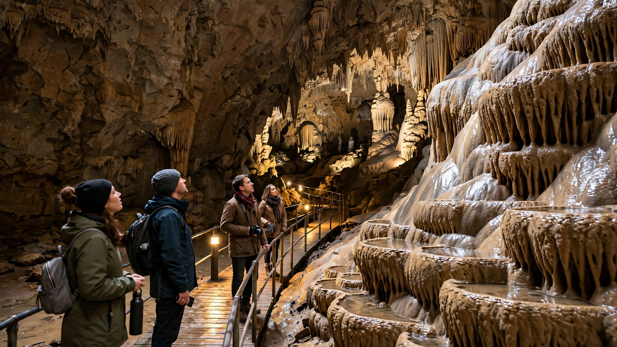 Tourists on a walkway inside a beautifully lit Irish show cave with stalactites and flowstone formations