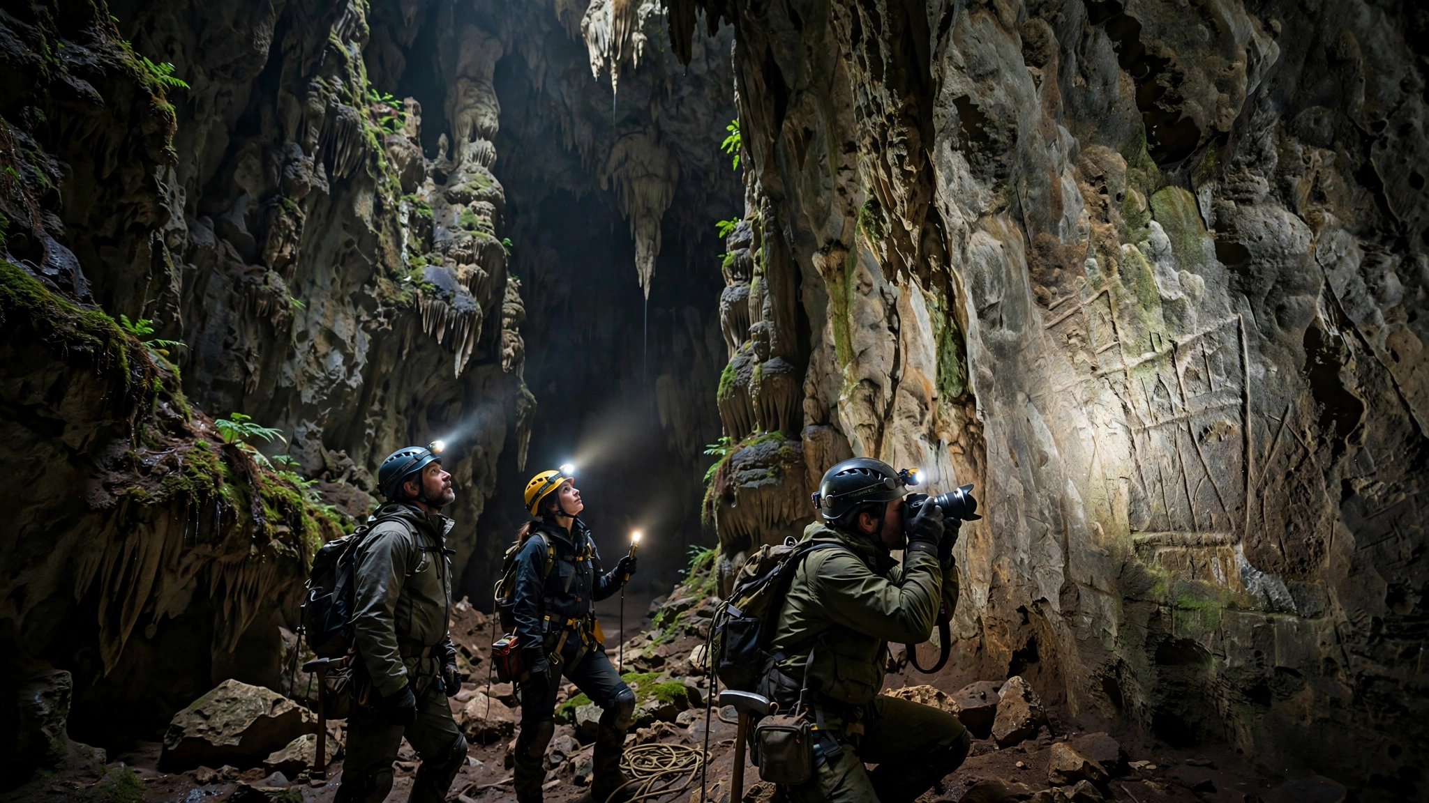 Archaeologists in caving helmets with headlamps exploring a tall Irish limestone cave chamber