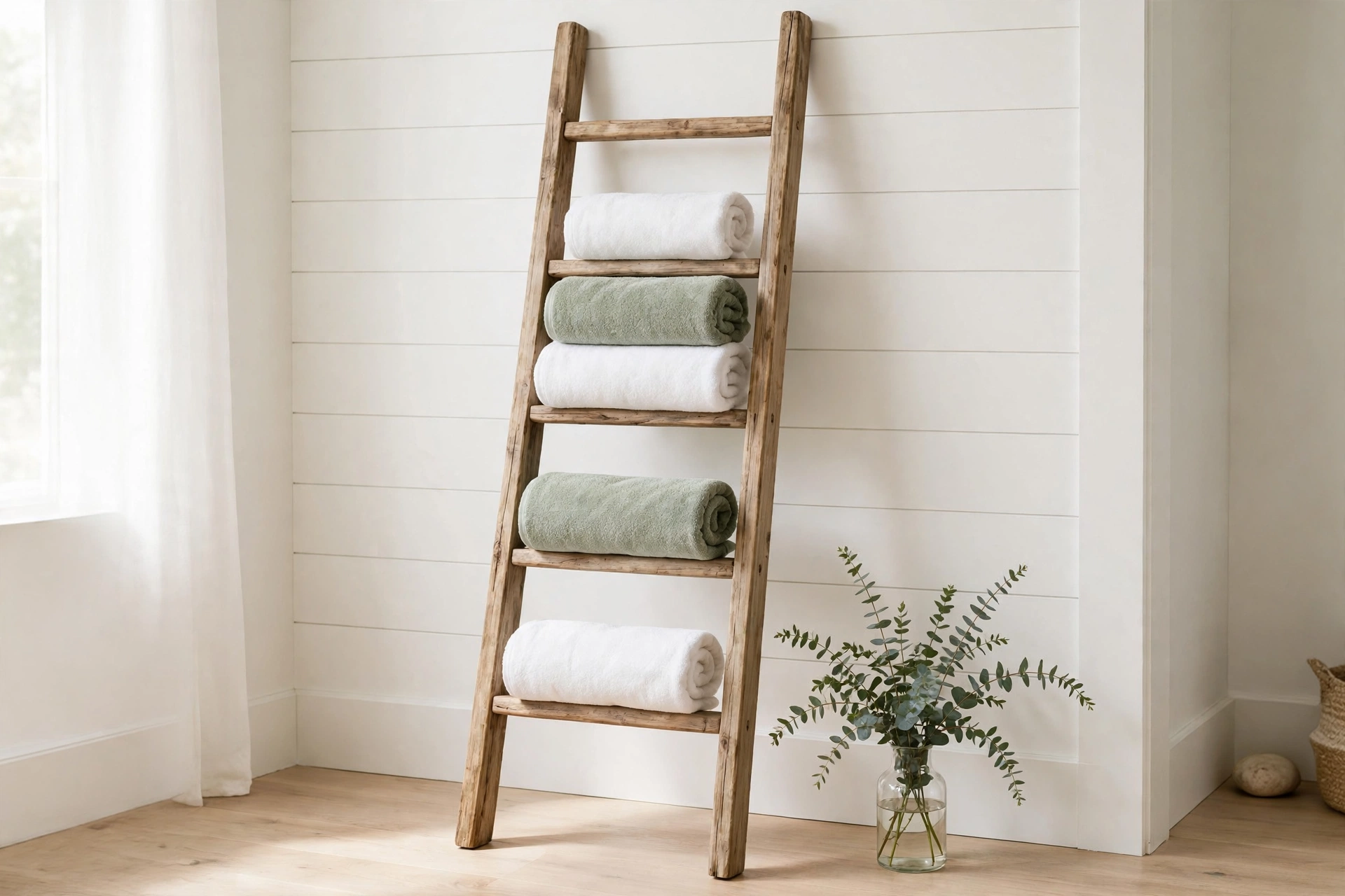 Handmade wooden blanket ladder in a white shiplap bathroom holding neatly rolled white and sage towels with eucalyptus in a vase