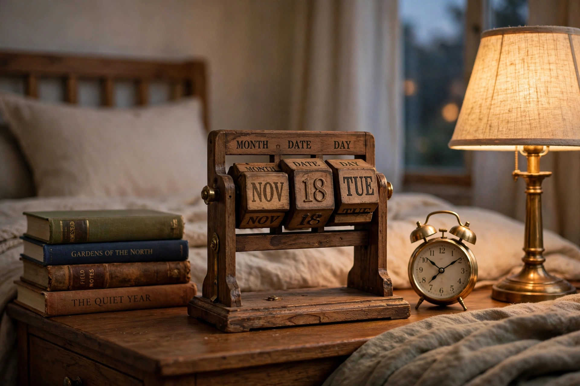 Wooden perpetual calendar on a cozy bedside table with a warm lamp and books, evening bedroom scene