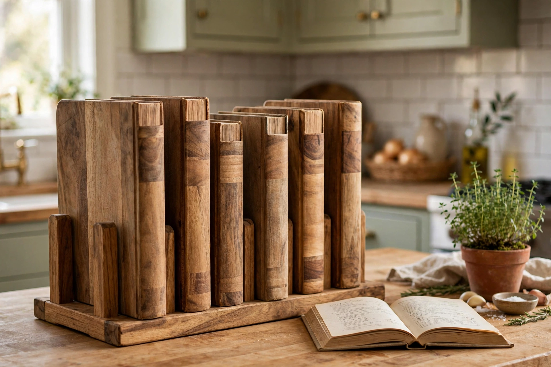 Book-shaped acacia cutting boards displayed in their wooden stand on open kitchen shelving among cookbooks and plants