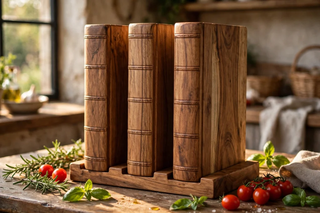 Set of three acacia wood cutting boards shaped like book spines standing upright in a wooden stand on a kitchen counter, styled with herbs