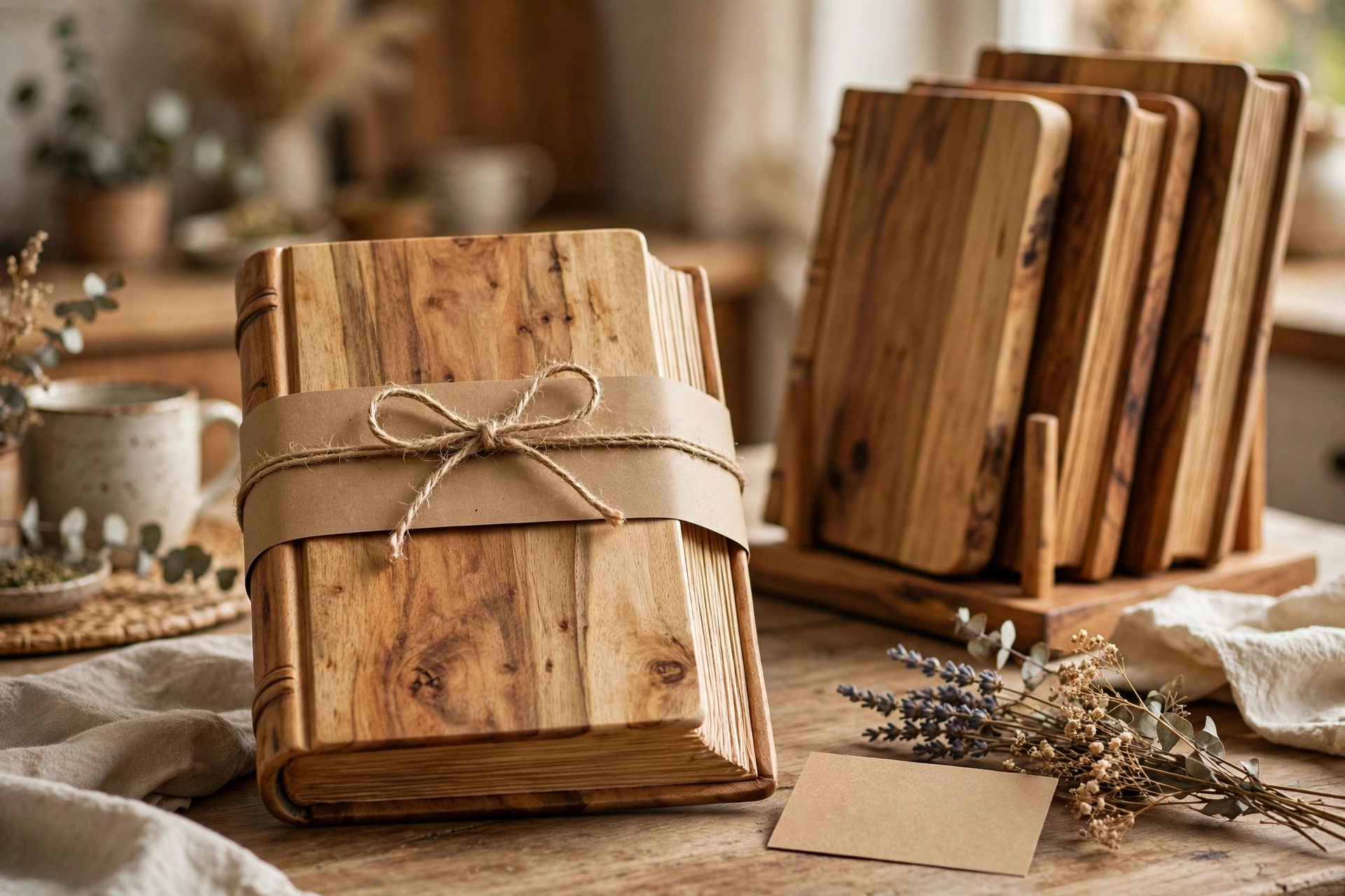 Acacia book-shaped cutting board set presented as a gift in a kraft box with twine and rosemary, holiday lighting in background