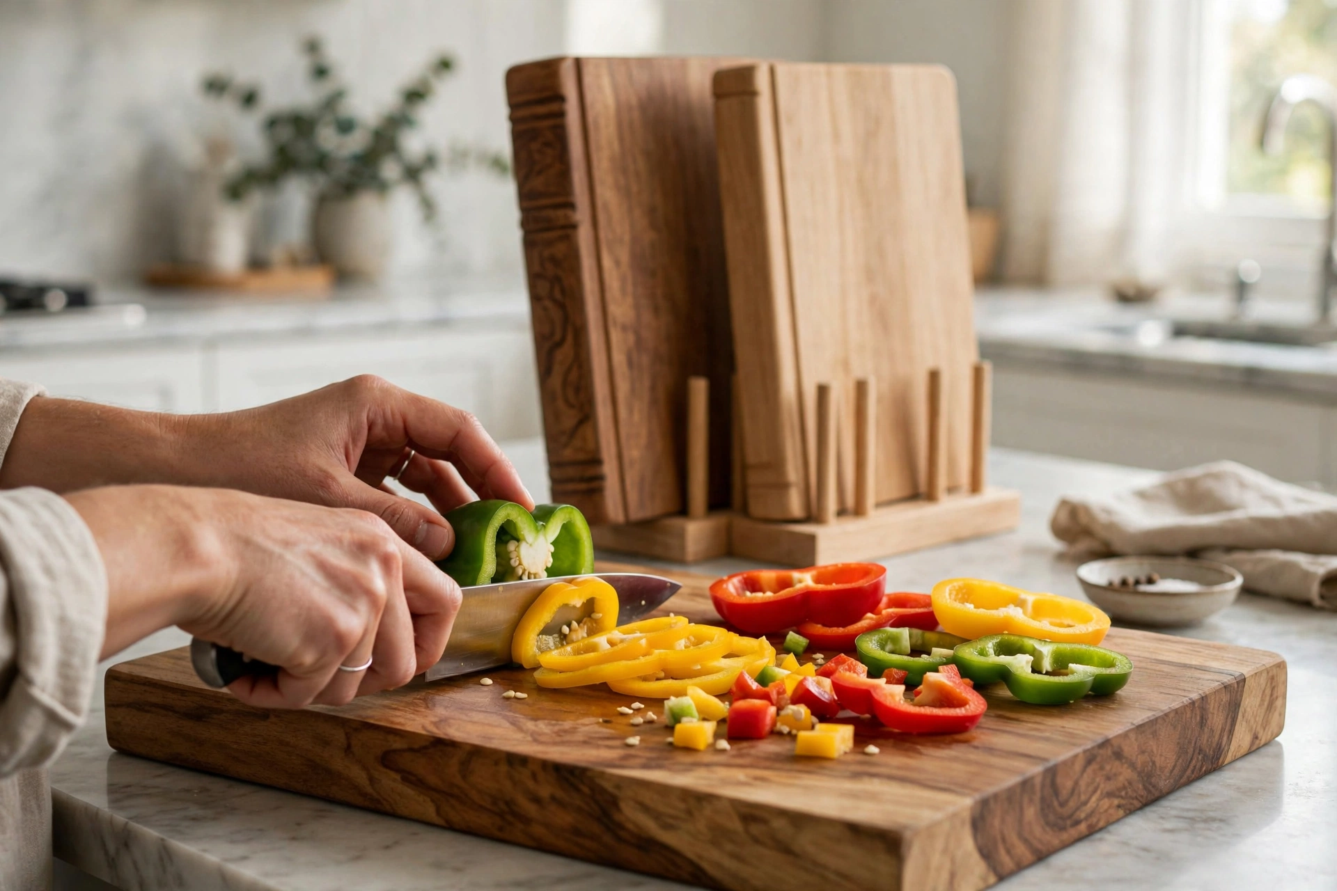 Hands slicing bell peppers on an acacia book-shaped cutting board with the rest of the set standing in the wooden stand behind