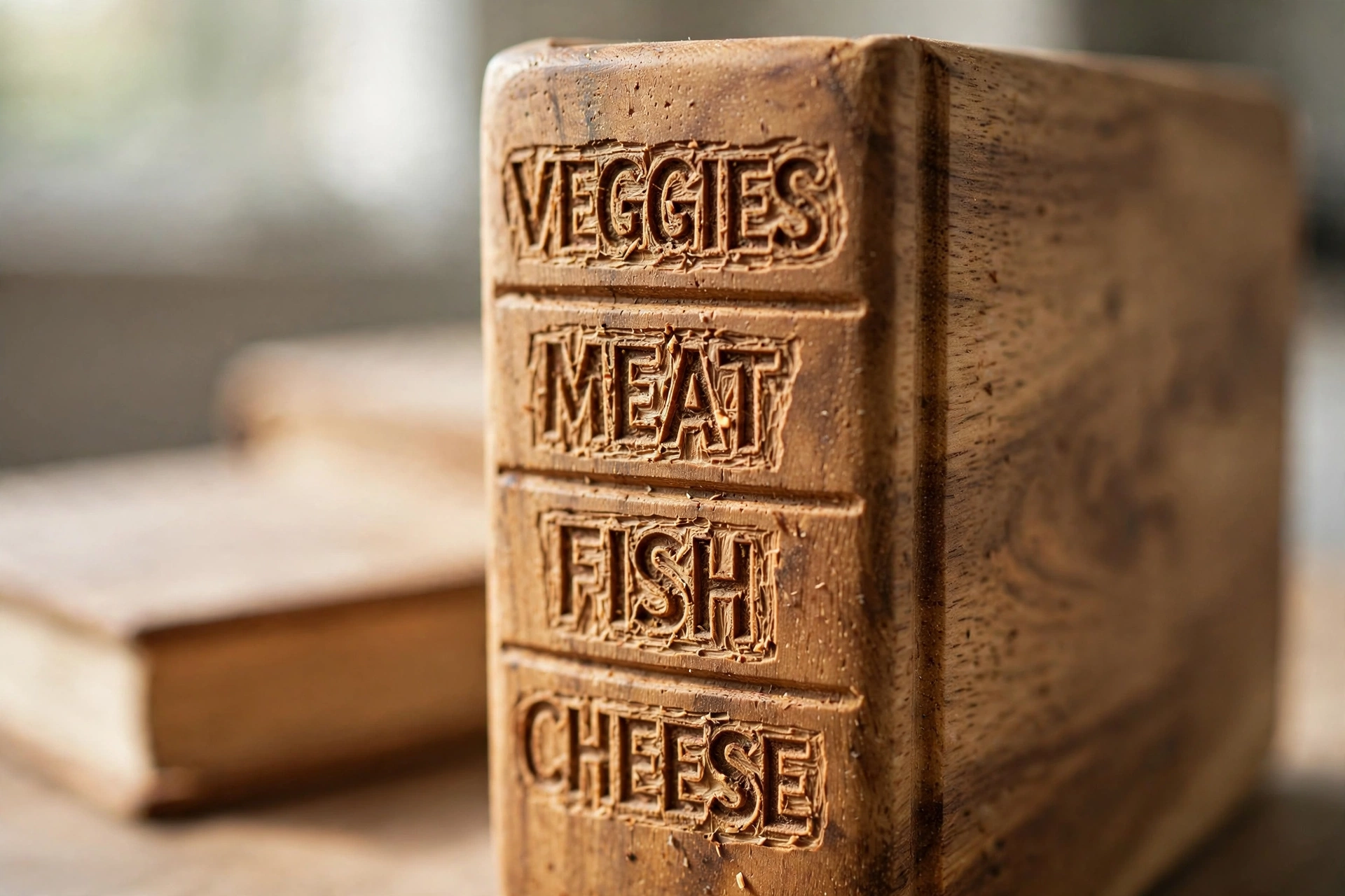 Close-up of engraved CHEESE, VEGGIES, and MEAT labels on the spines of upright acacia wood book-shaped cutting boards