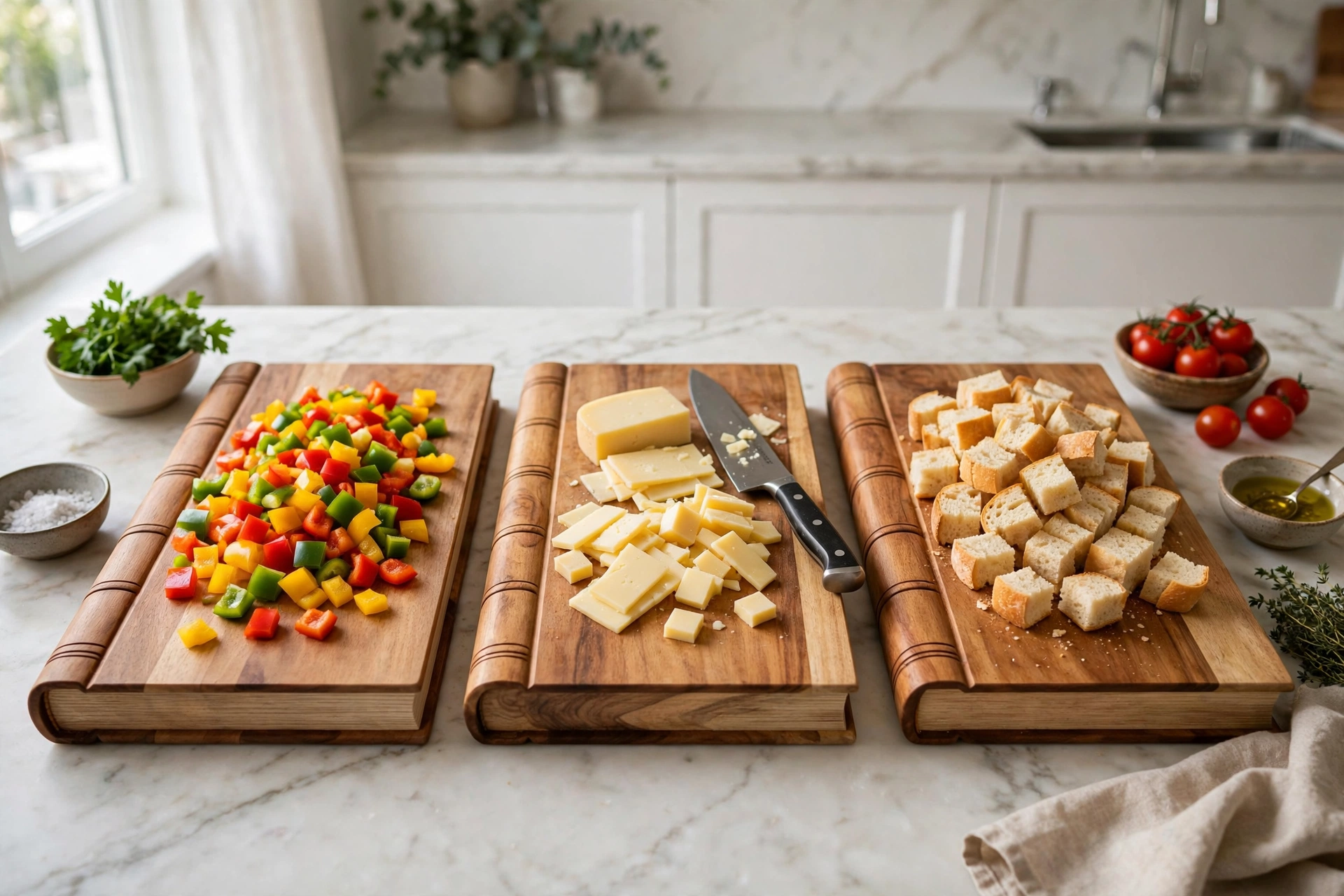 Overhead flat-lay of three acacia cutting boards with salmon, chopped vegetables, and bread and cheese, showing separate boards for separate foods