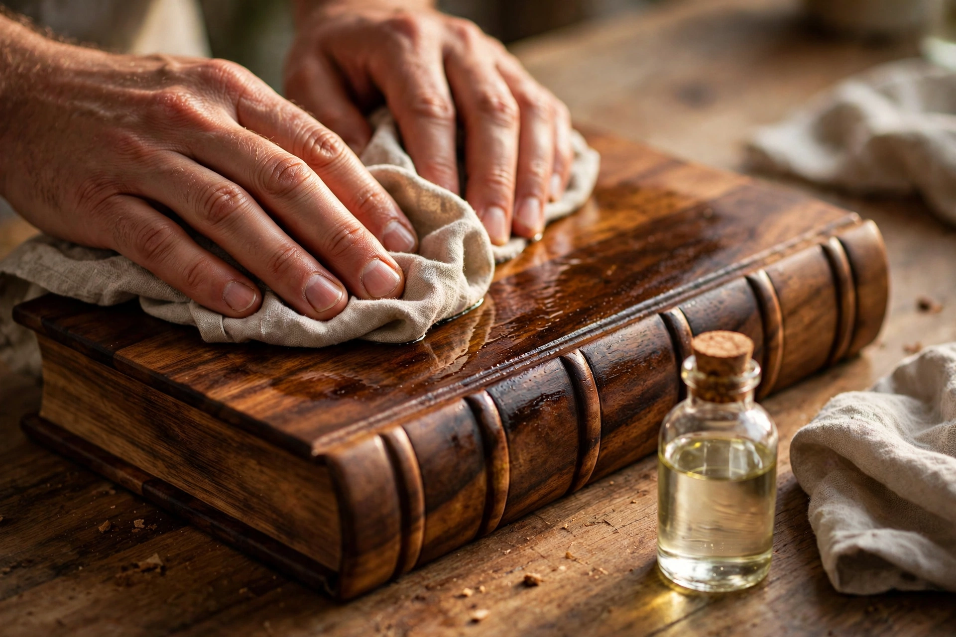 Hand applying food-safe mineral oil to acacia wood cutting board grain with a cloth, oil bottle beside it