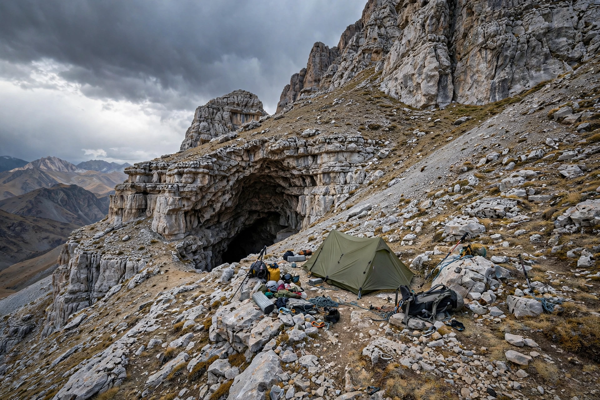 Dark cave entrance in a rugged limestone cliff at high altitude in the mountains of Uzbekistan, expedition tent beside it