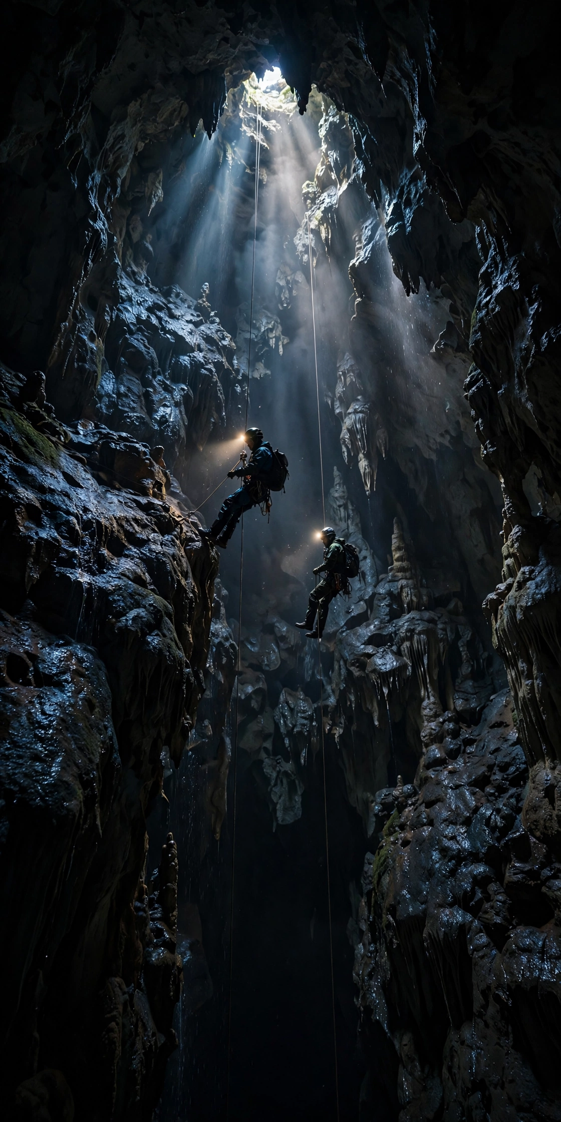 Cavers with headlamps descending on ropes into the vast dark vertical shaft of Boybuloq cave in Uzbekistan, light beams falling from above