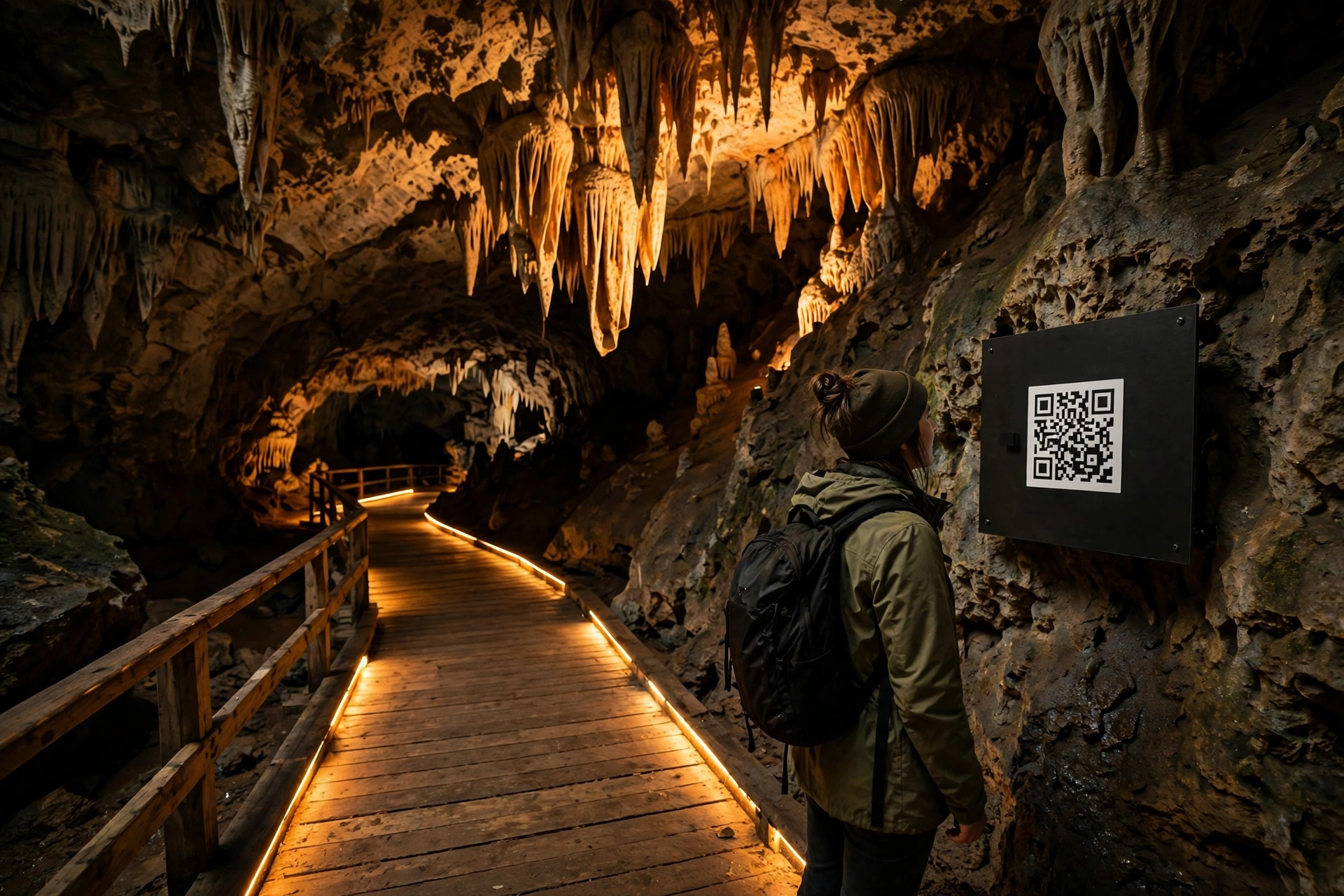 Tourist reading a QR code information sign on a lit wooden walkway inside a show cave, Uzbekistan digital cave tourism concept