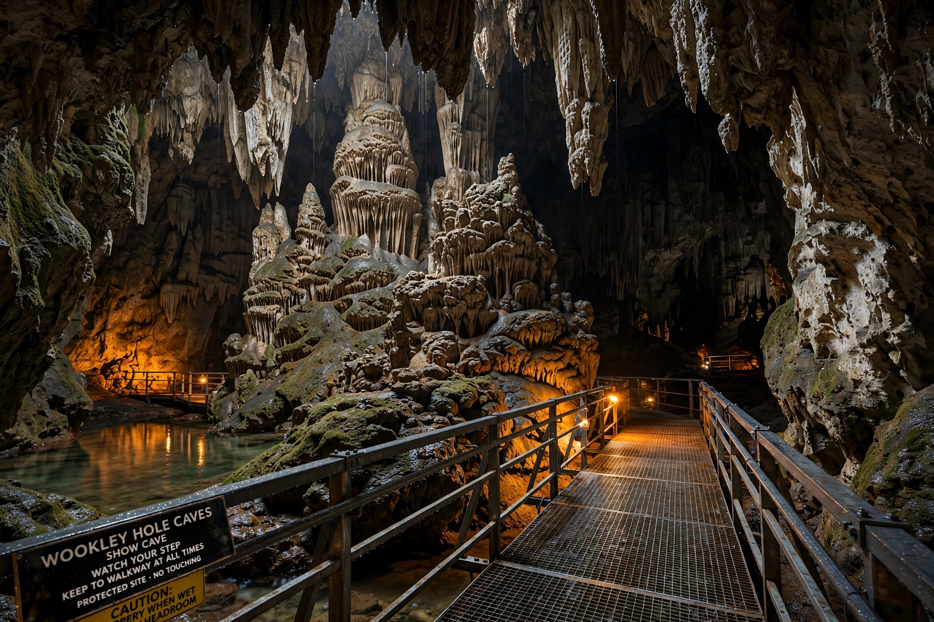 Stalactites and stalagmites inside a British show cave with warm lighting