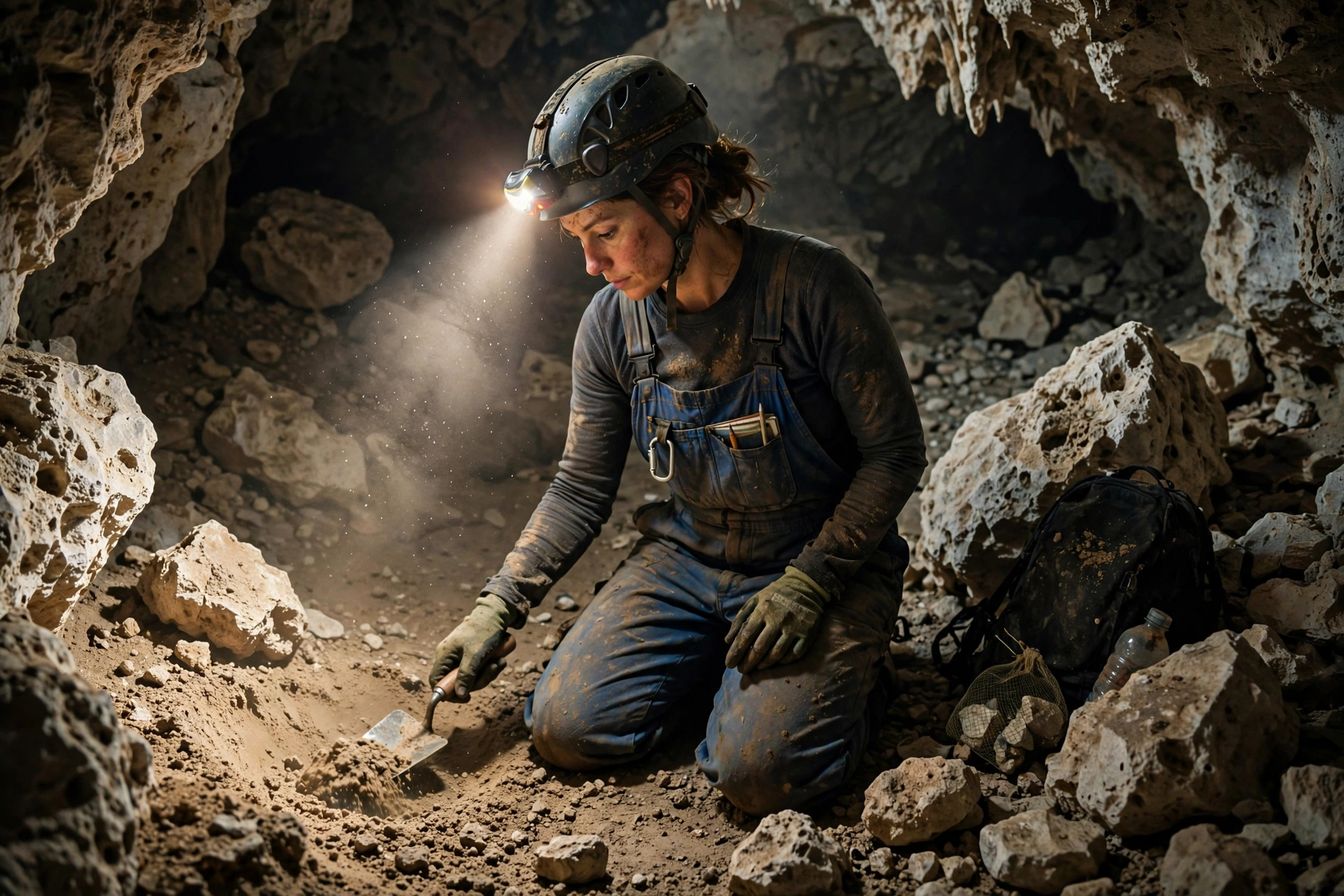 A caver digging sediment in a narrow limestone cave passage