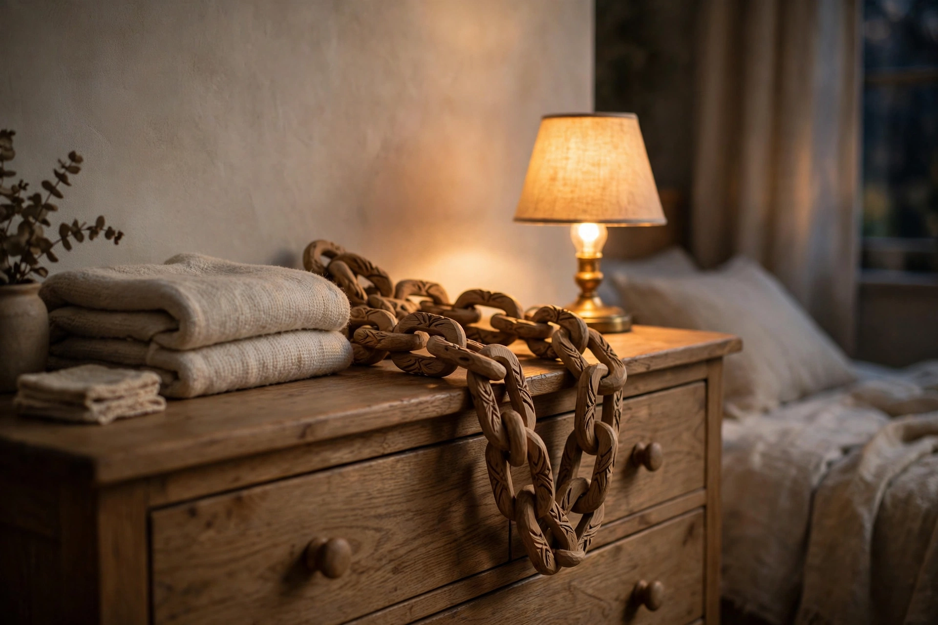 Wooden chain link decor draped along a bedroom dresser next to a warm glowing lamp