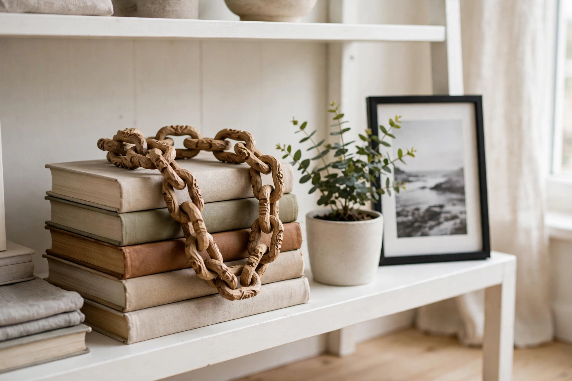 Wooden chain link decor draped over books on a white bookshelf next to a small plant