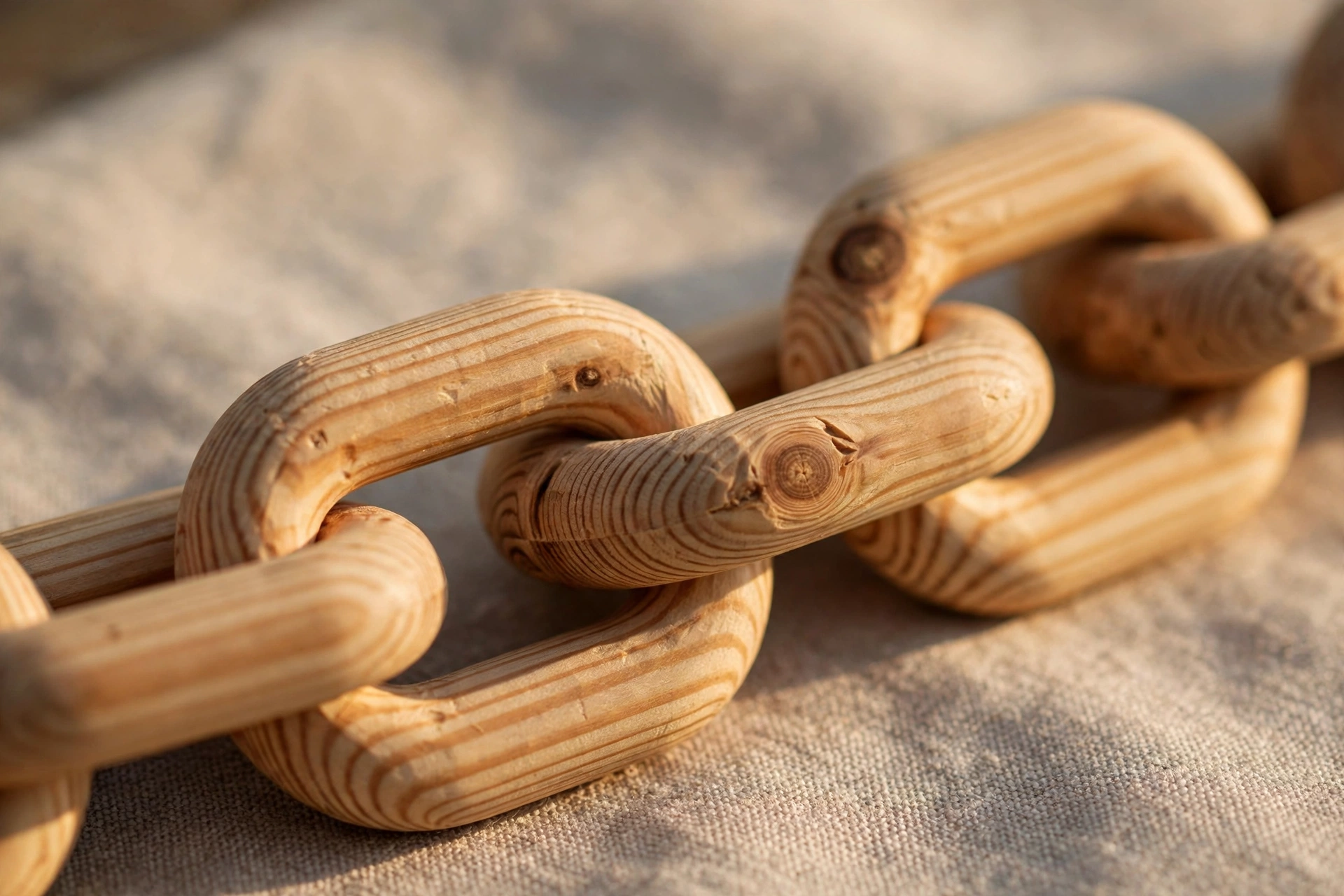 Close-up of hand-carved wooden chain links showing natural pine wood grain and smooth sanded finish