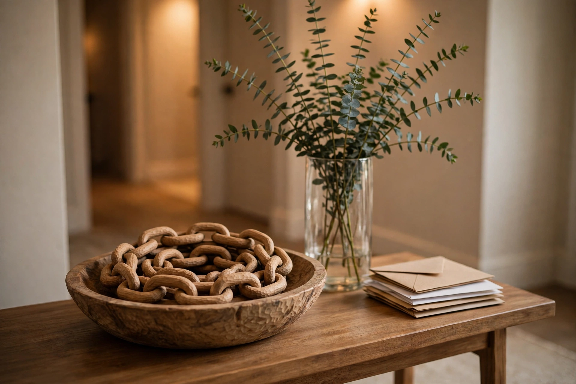 Wooden chain link decor coiled in a bowl on an entryway console table with a vase of eucalyptus