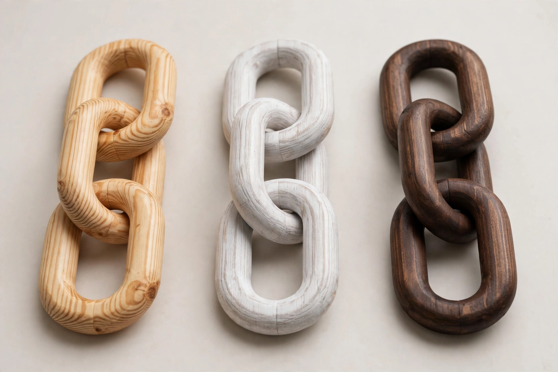 Three hand-carved wooden chain link decors in natural pine, whitewashed and dark walnut finishes side by side