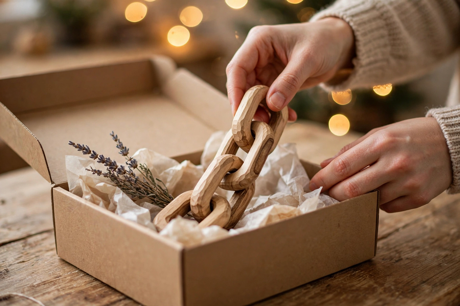 Hands placing a hand-carved wooden chain link decor into a kraft gift box with tissue paper and dried lavender