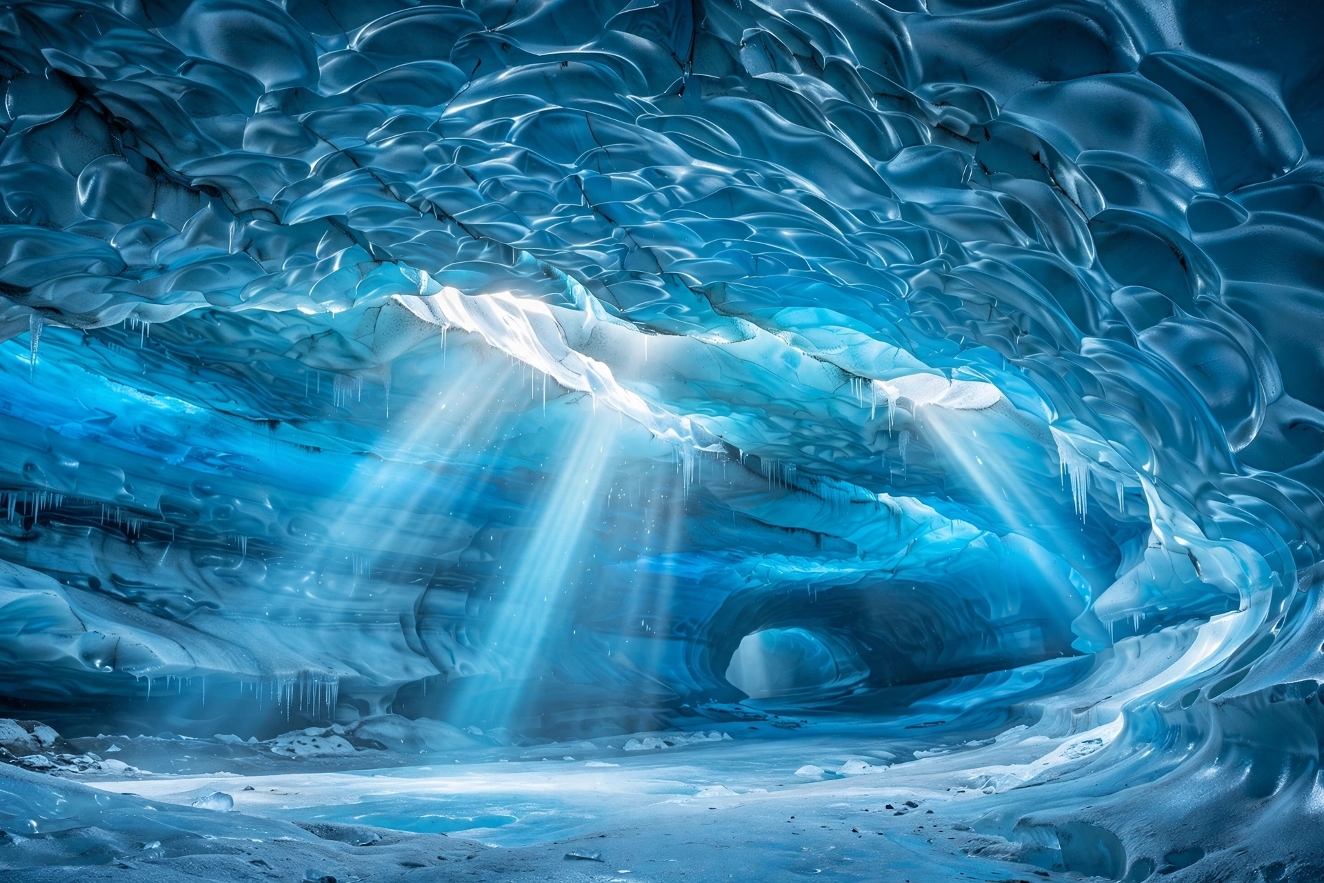 Vast cathedral-like chamber of translucent blue ice inside Iceland's Crystal Ice Cave under Vatnajokull glacier