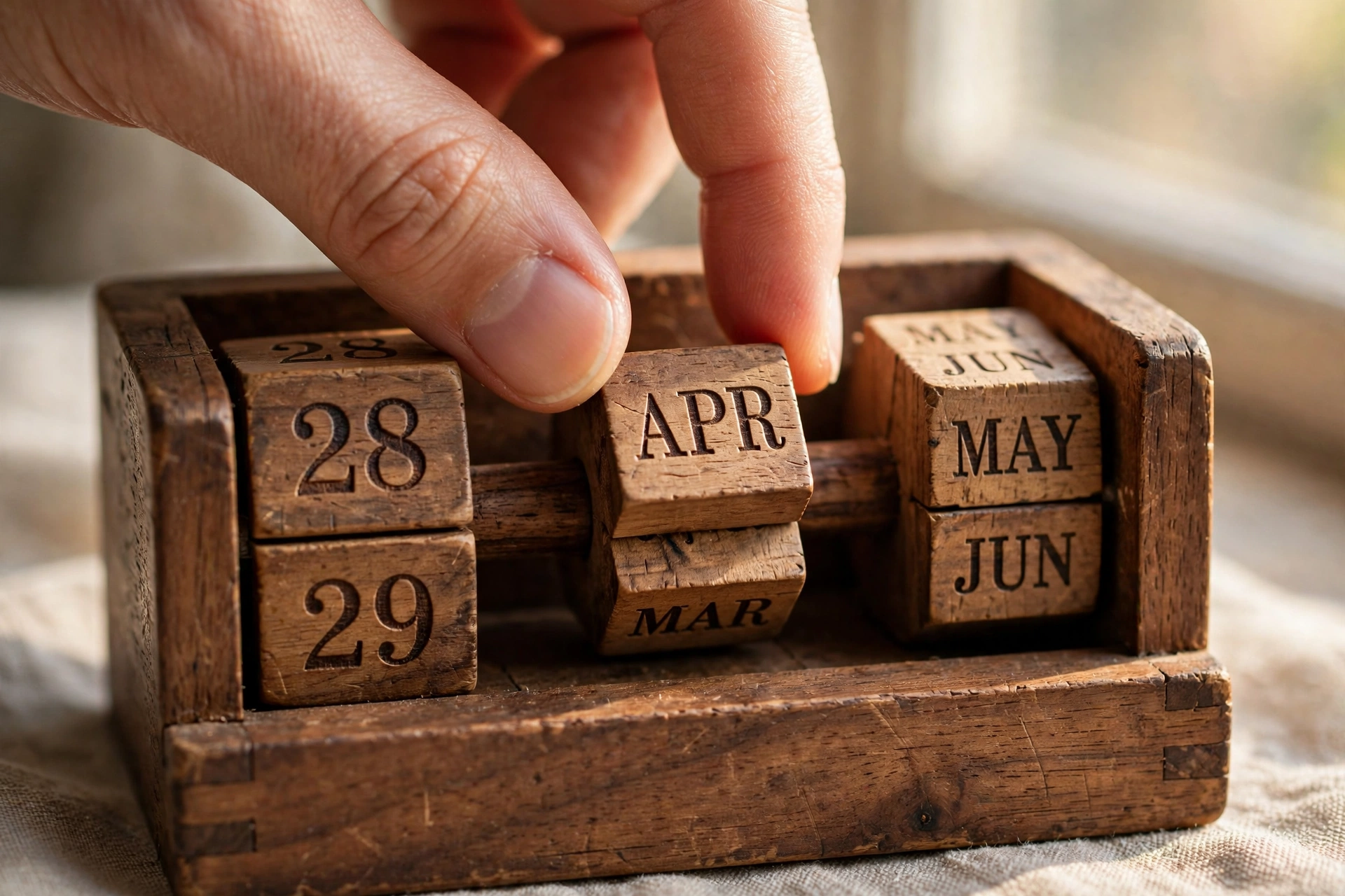 Close-up of the rotating wooden date blocks on a vintage perpetual calendar, showing weekday, month, and date cubes