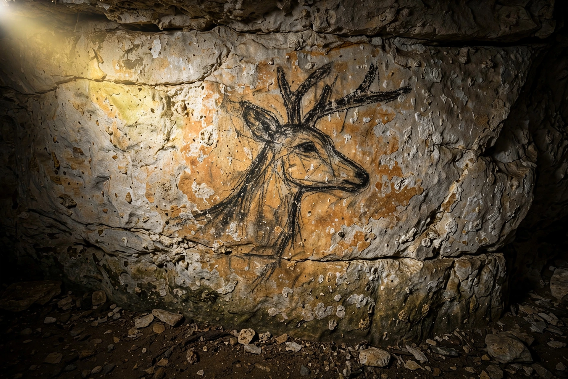 Ancient deer head engraving scratched into a limestone cave wall, lit by a headlamp beam