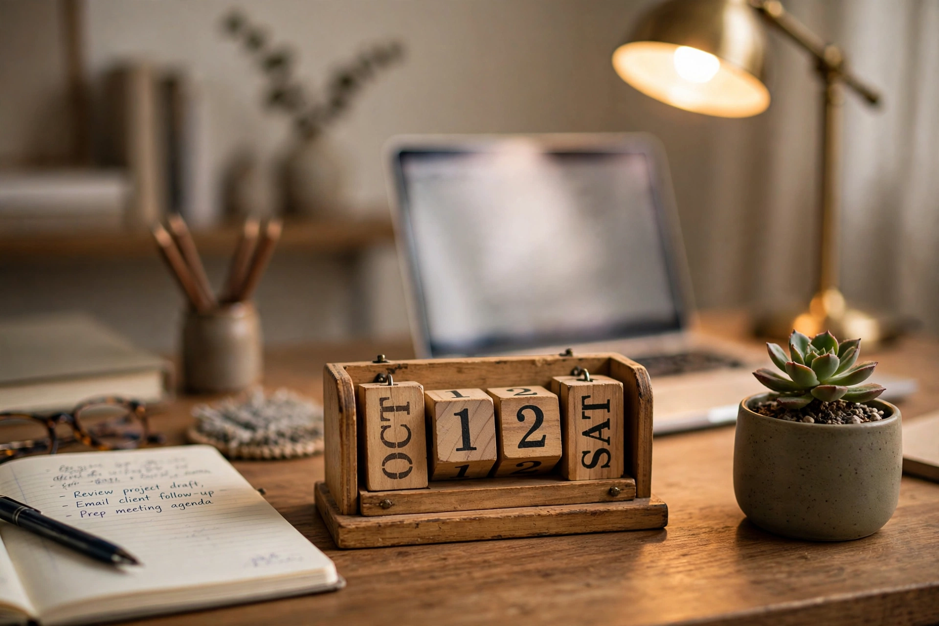 Vintage wooden perpetual calendar on a home office desk next to a laptop and coffee mug, warm work-from-home setup