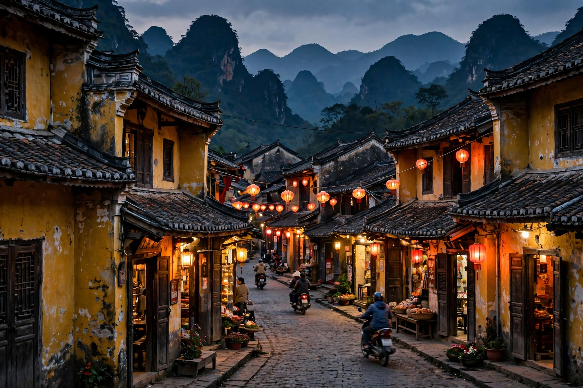Dong Van old quarter at dusk with lanterns and stone streets, Ha Giang Vietnam