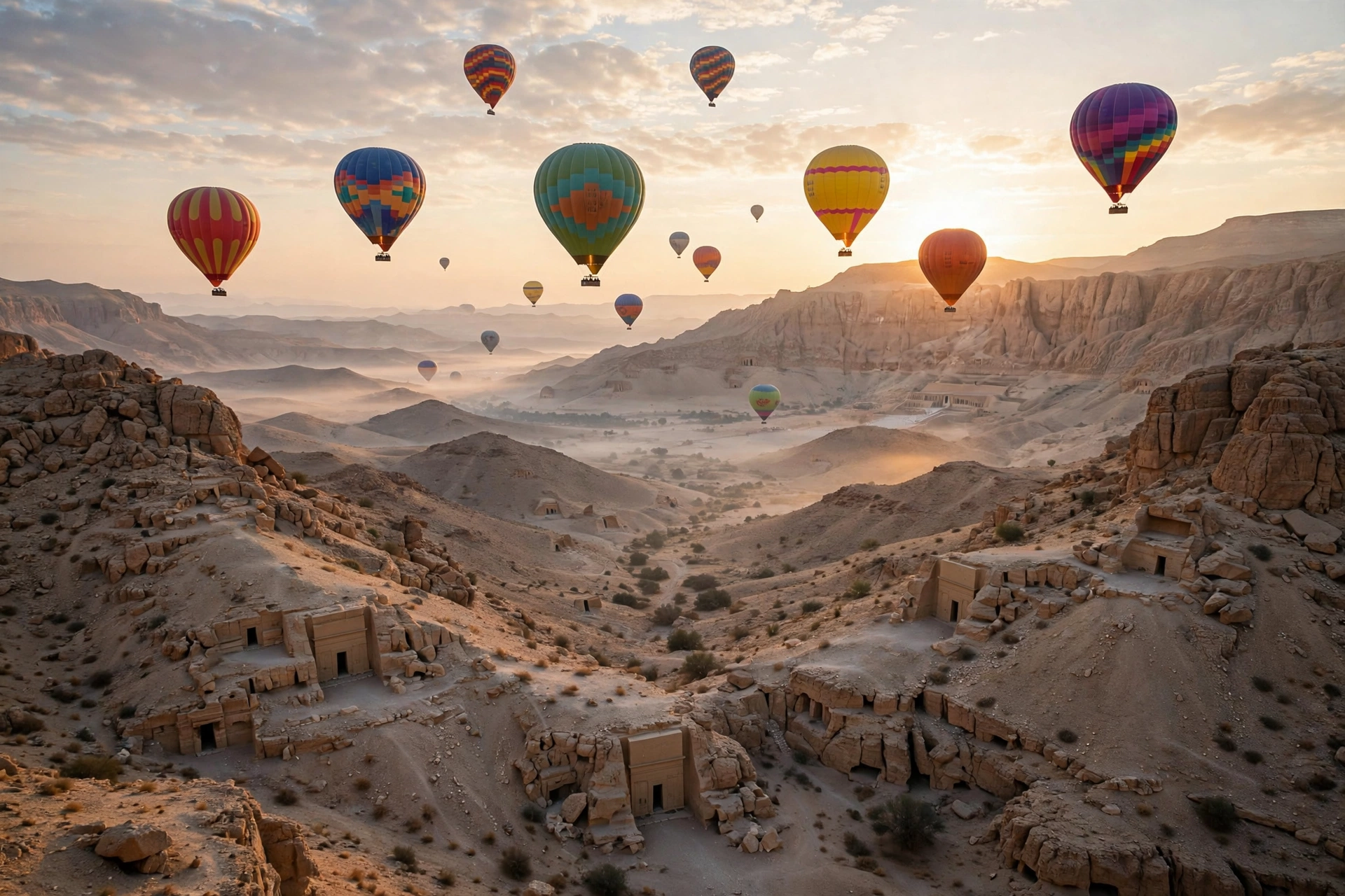 Colorful hot air balloons drifting over the Valley of the Kings and desert cliffs at dawn near Luxor, Egypt