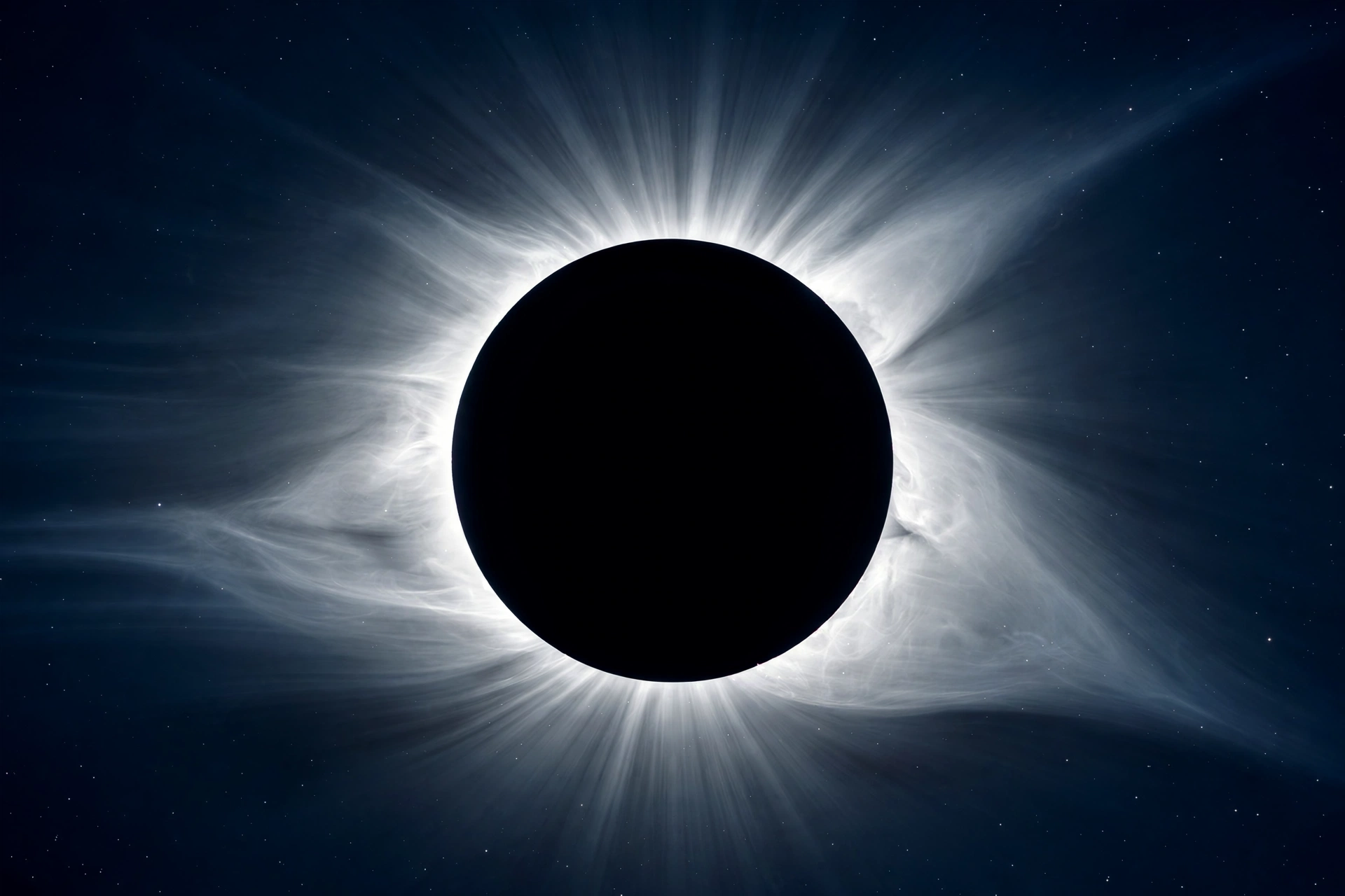 Close-up of the sun's corona streaming white tendrils during totality of a solar eclipse