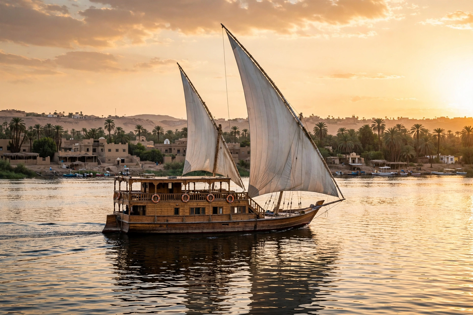 Traditional dahabiya sailboat gliding on the Nile near Luxor at golden hour with palm trees on the riverbank