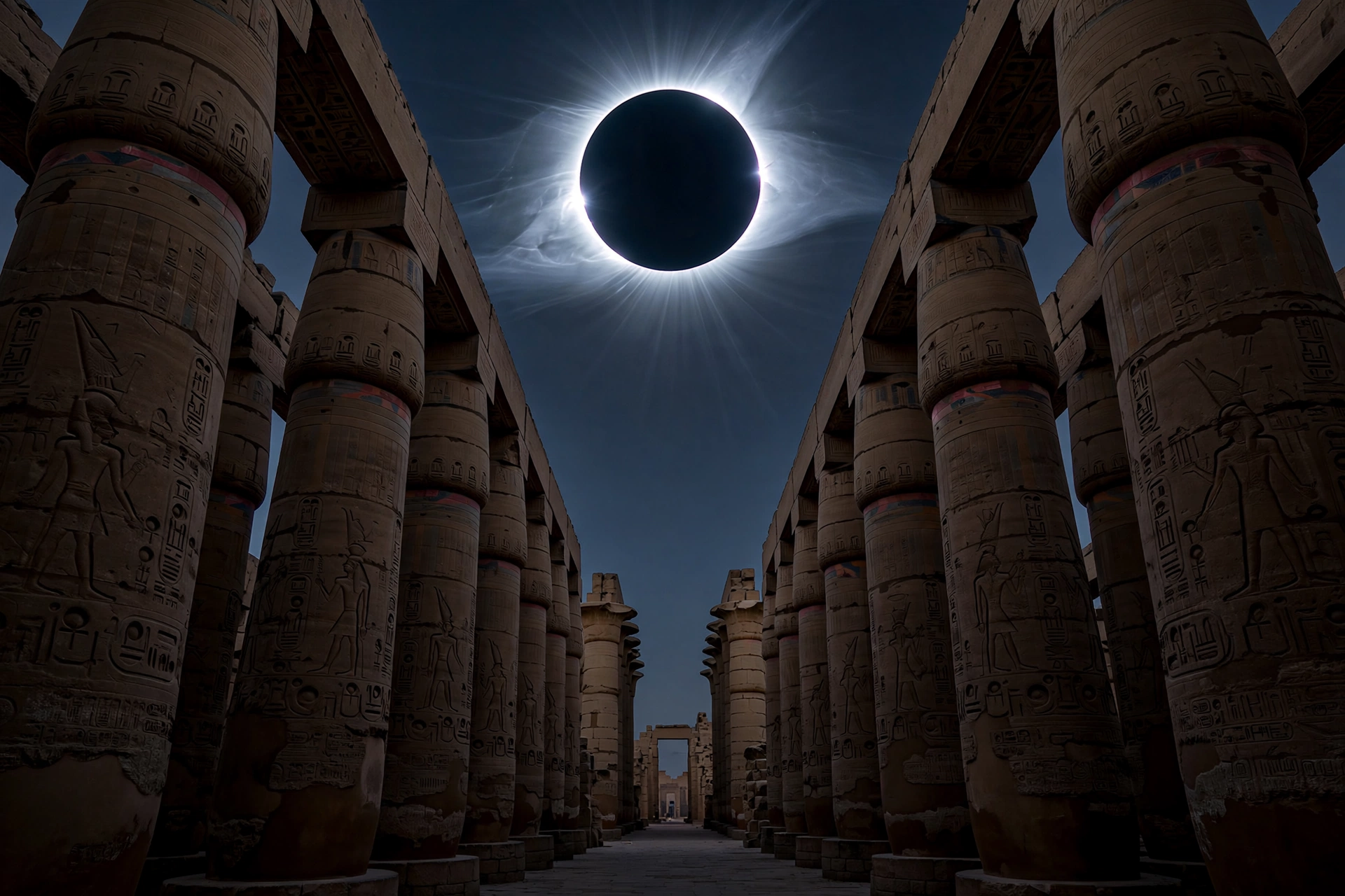 Total solar eclipse with glowing corona over the ancient stone columns of Karnak Temple in Luxor, Egypt