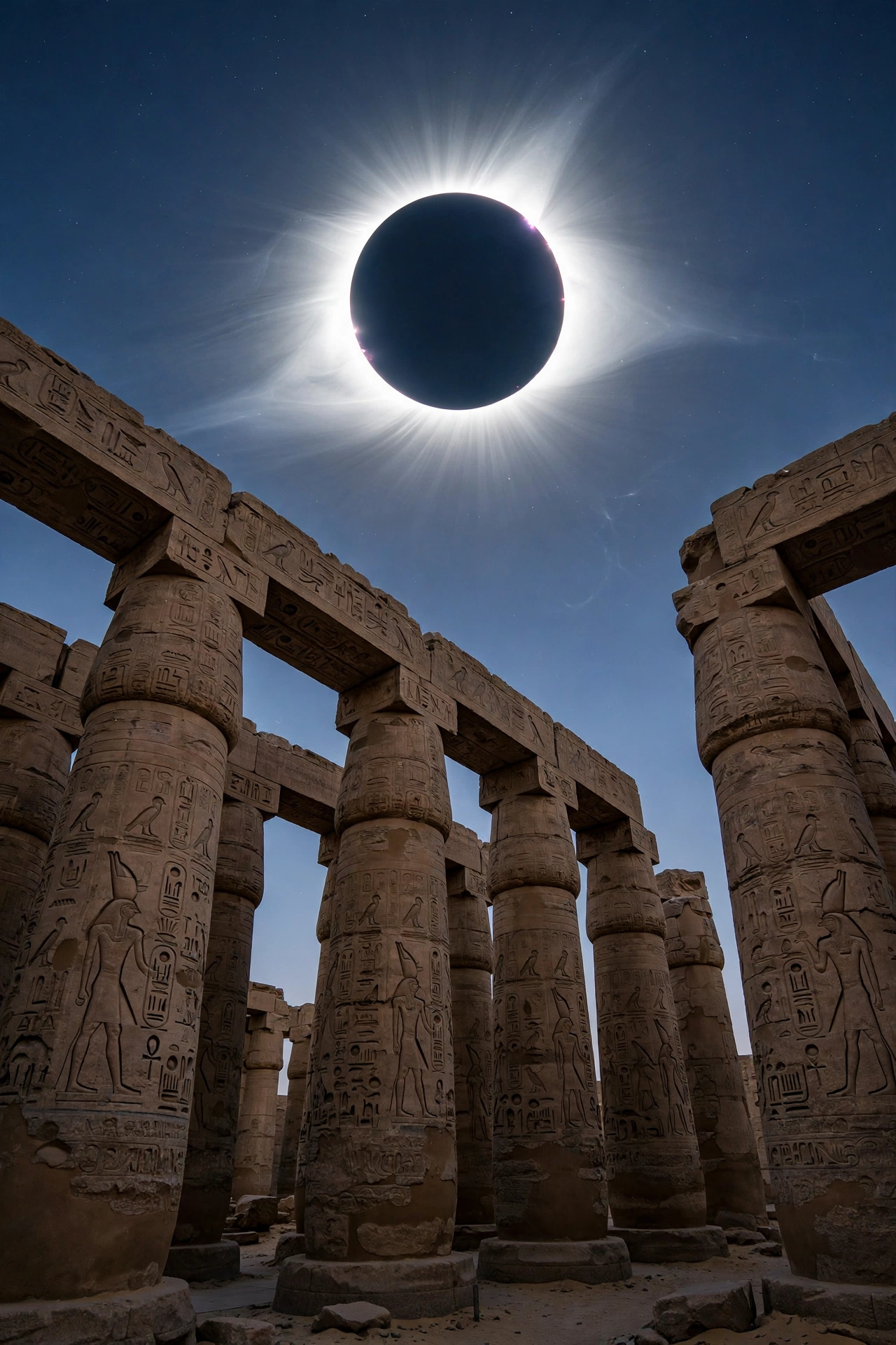 Vertical poster of a total solar eclipse over Luxor's ancient Egyptian temples with the black sun and glowing corona