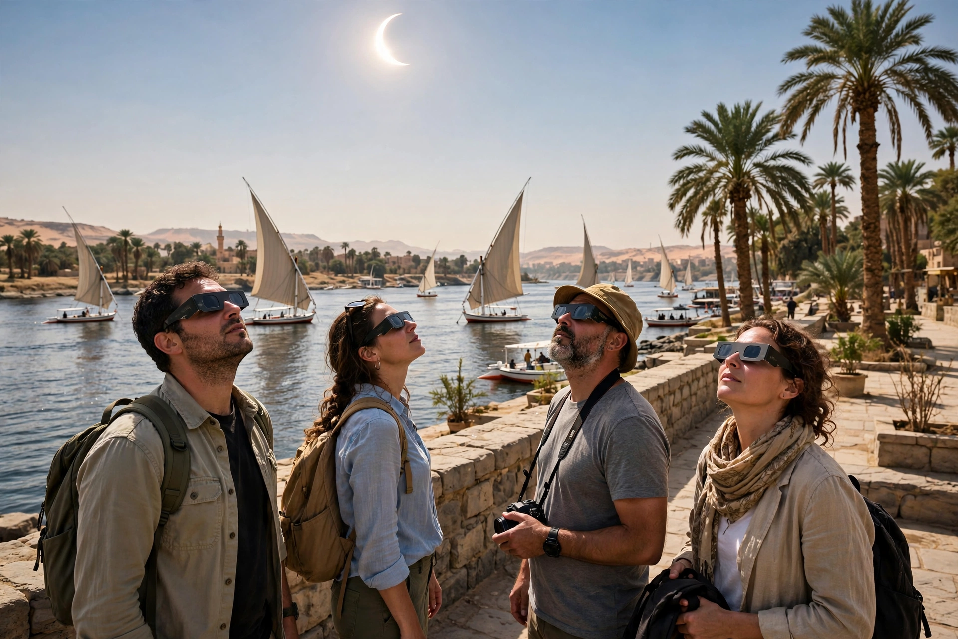 Eclipse chasers wearing certified eclipse glasses watching the sun from the Nile corniche in Luxor with felucca sailboats on the river