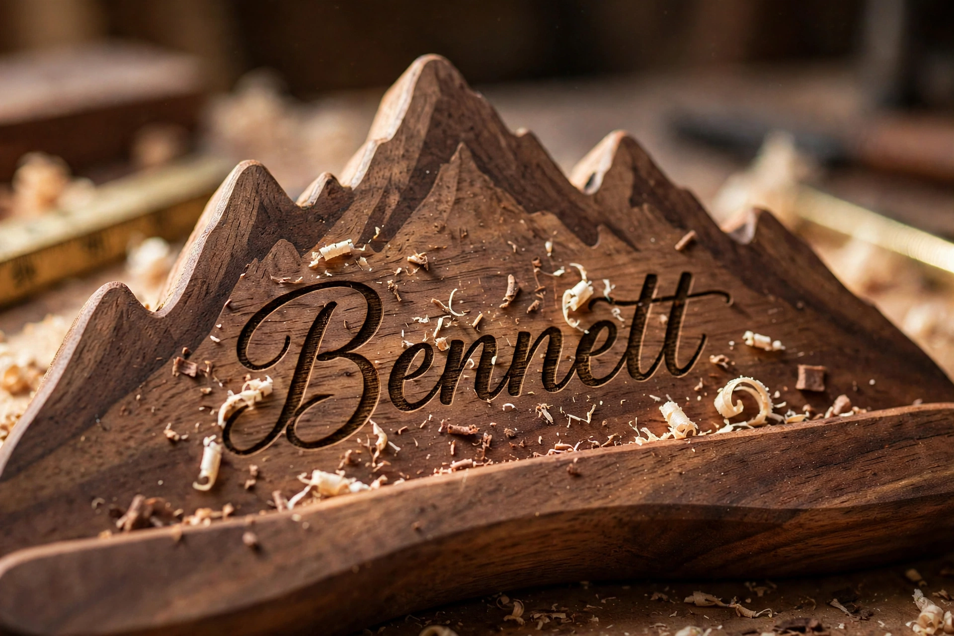 Close-up of laser-engraved family name in cursive script on walnut wood grain of the mountain stocking holder