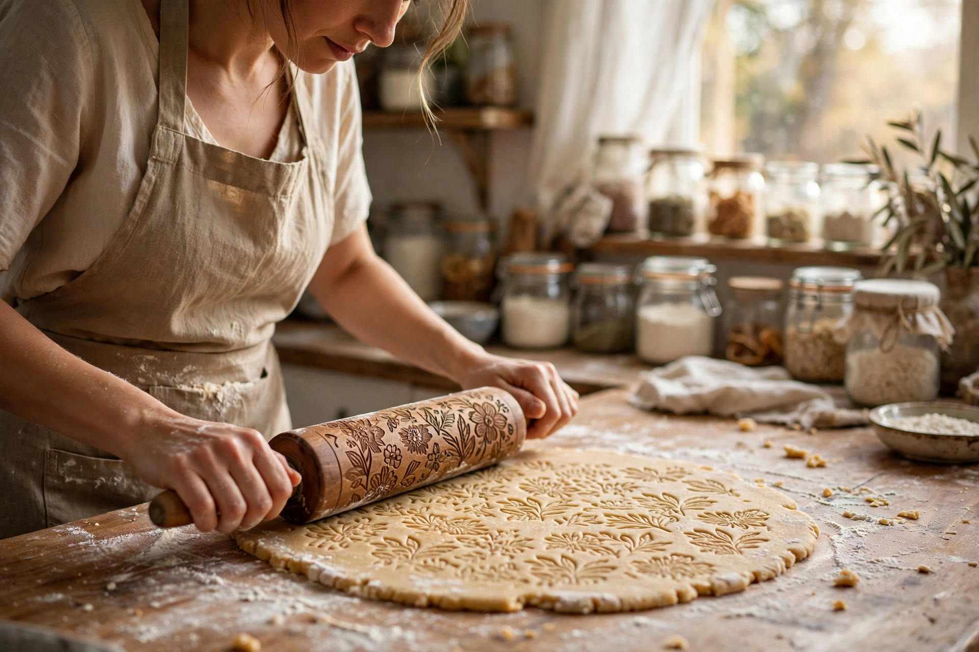 Baker rolling patterned cookie dough in a bright farmhouse kitchen with wooden countertops