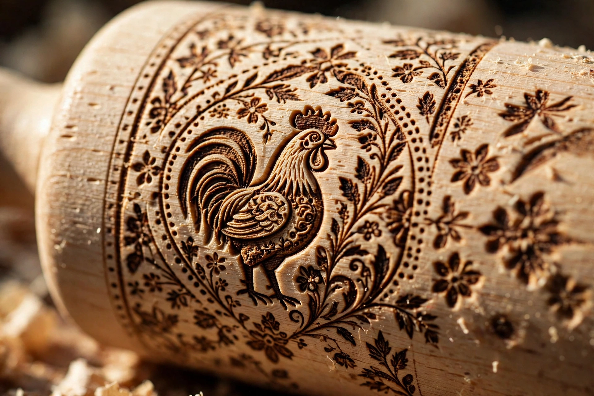 Close-up of deep laser engraving with a folk rooster pattern on natural beech wood rolling pin