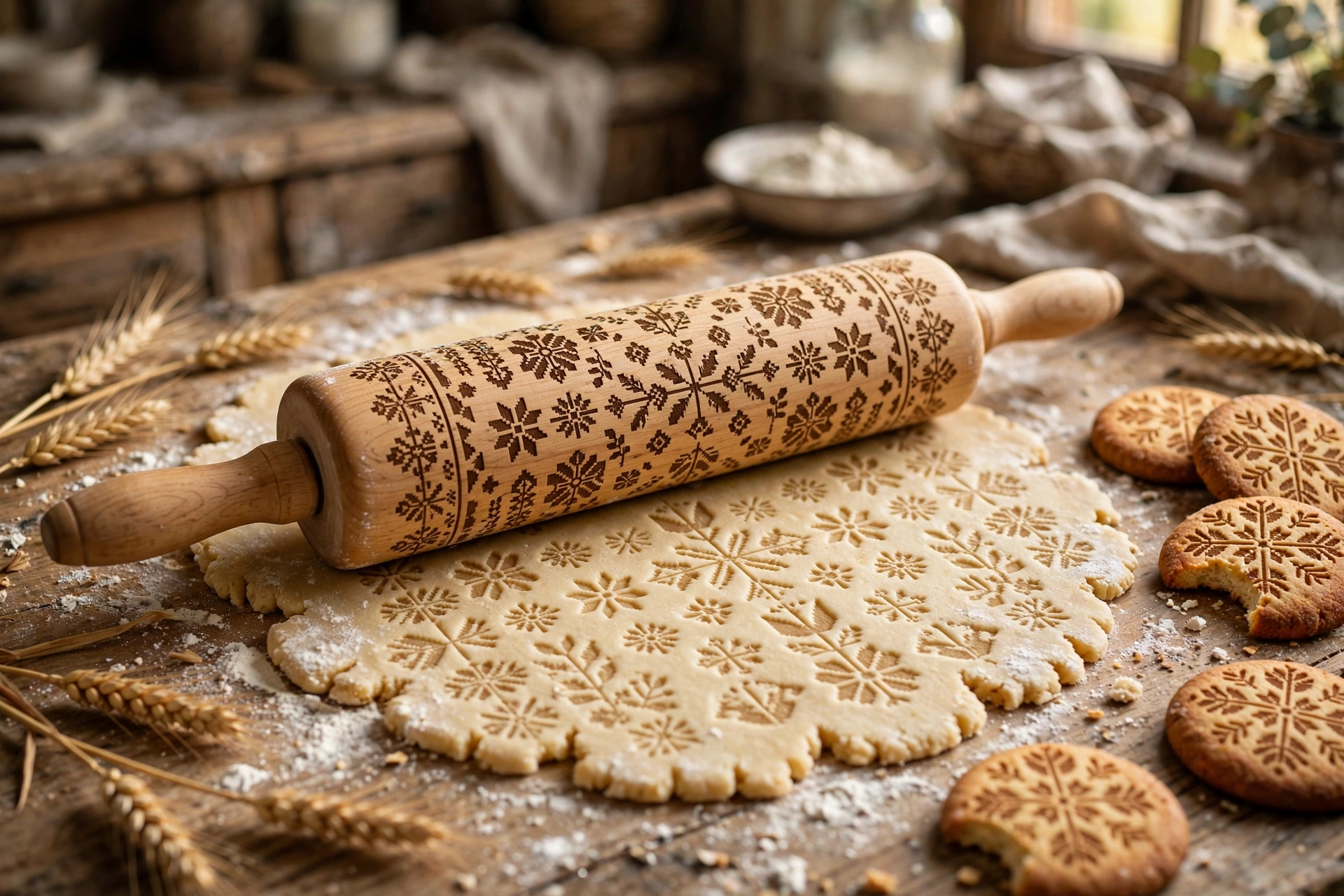 Personalized engraved wooden rolling pin pressing a folk pattern into cookie dough on a flour-dusted kitchen counter