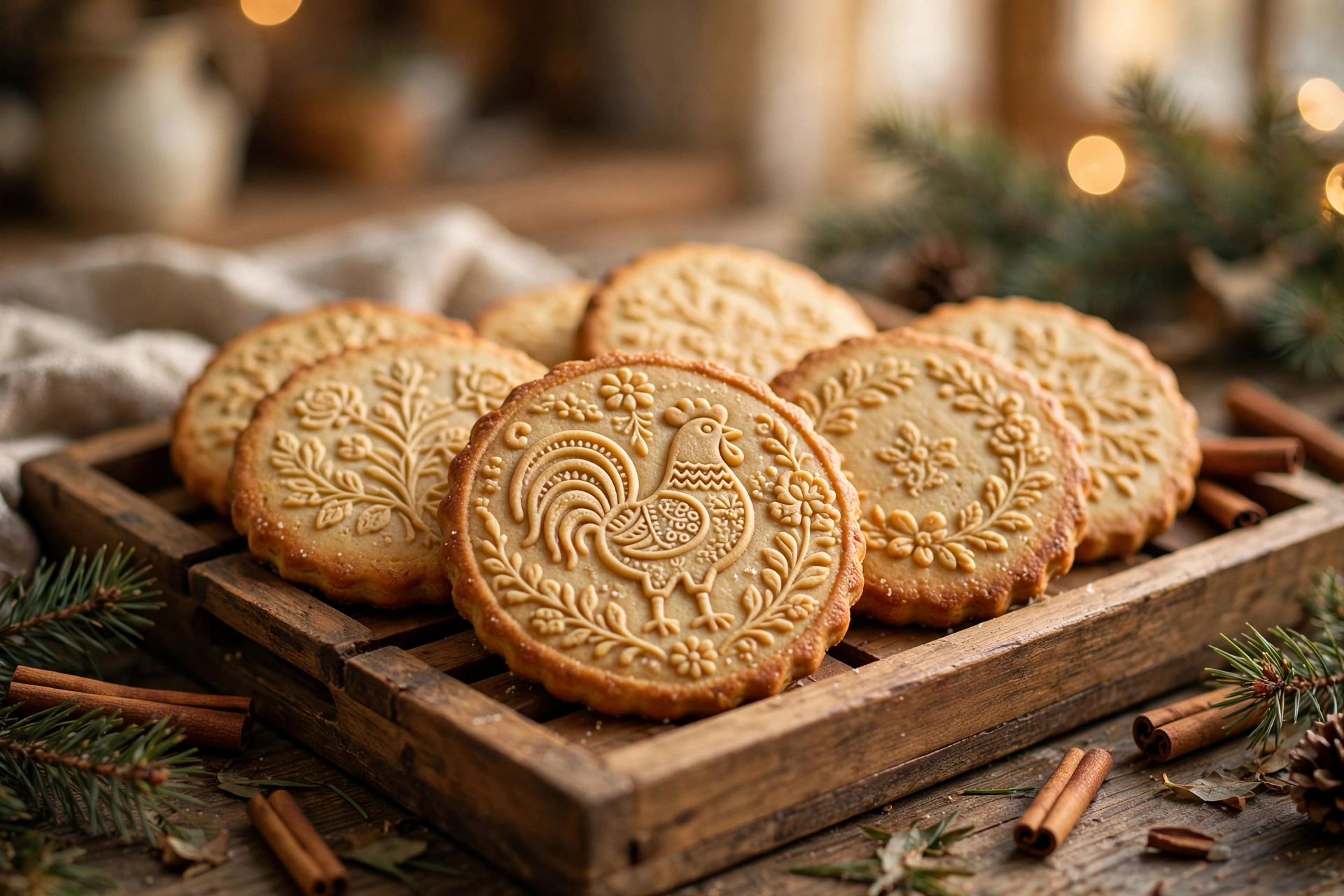 Tray of finished embossed Christmas cookies with folk patterns on a wooden table