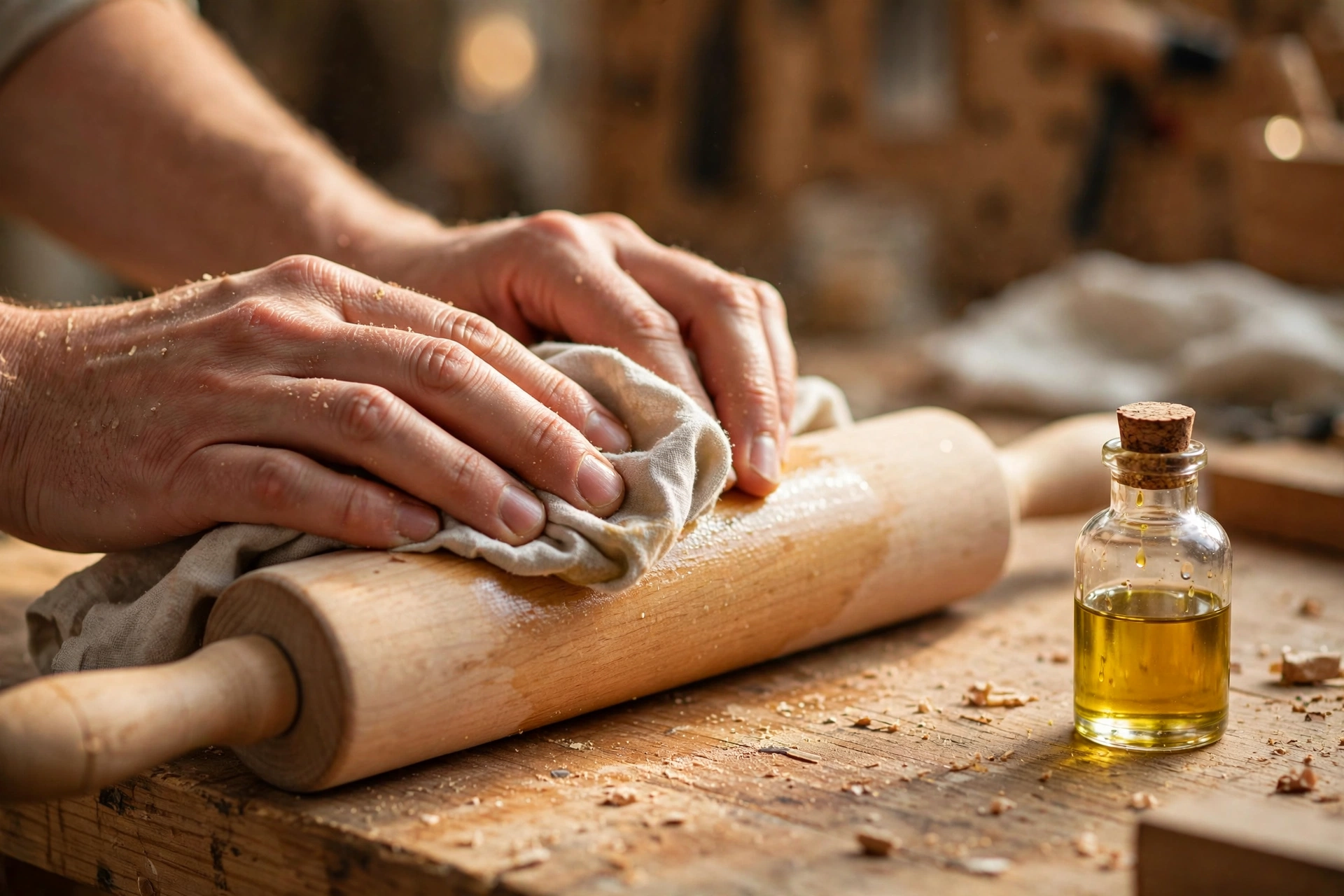 Hand rubbing linseed oil into a beech wood rolling pin for care and maintenance
