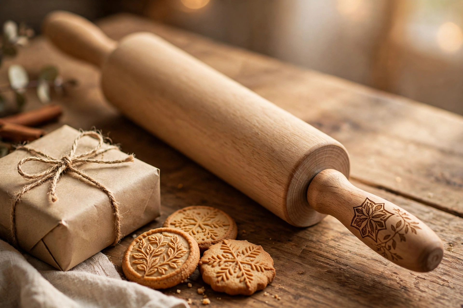 Personalized rolling pin with engraved family name beside a wrapped gift and embossed cookies