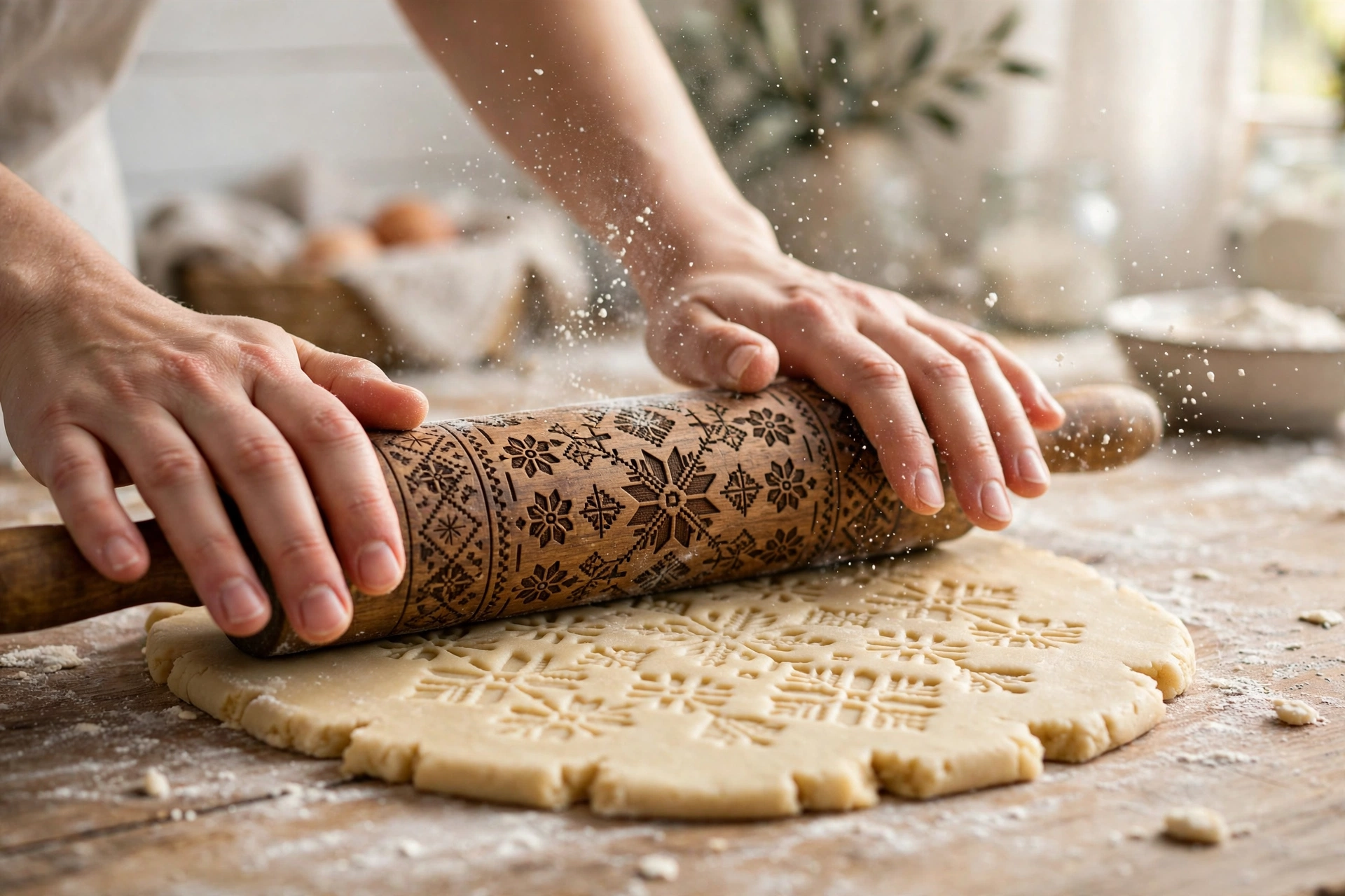Hands rolling an engraved wooden pin over pale cookie dough on a flour-dusted counter