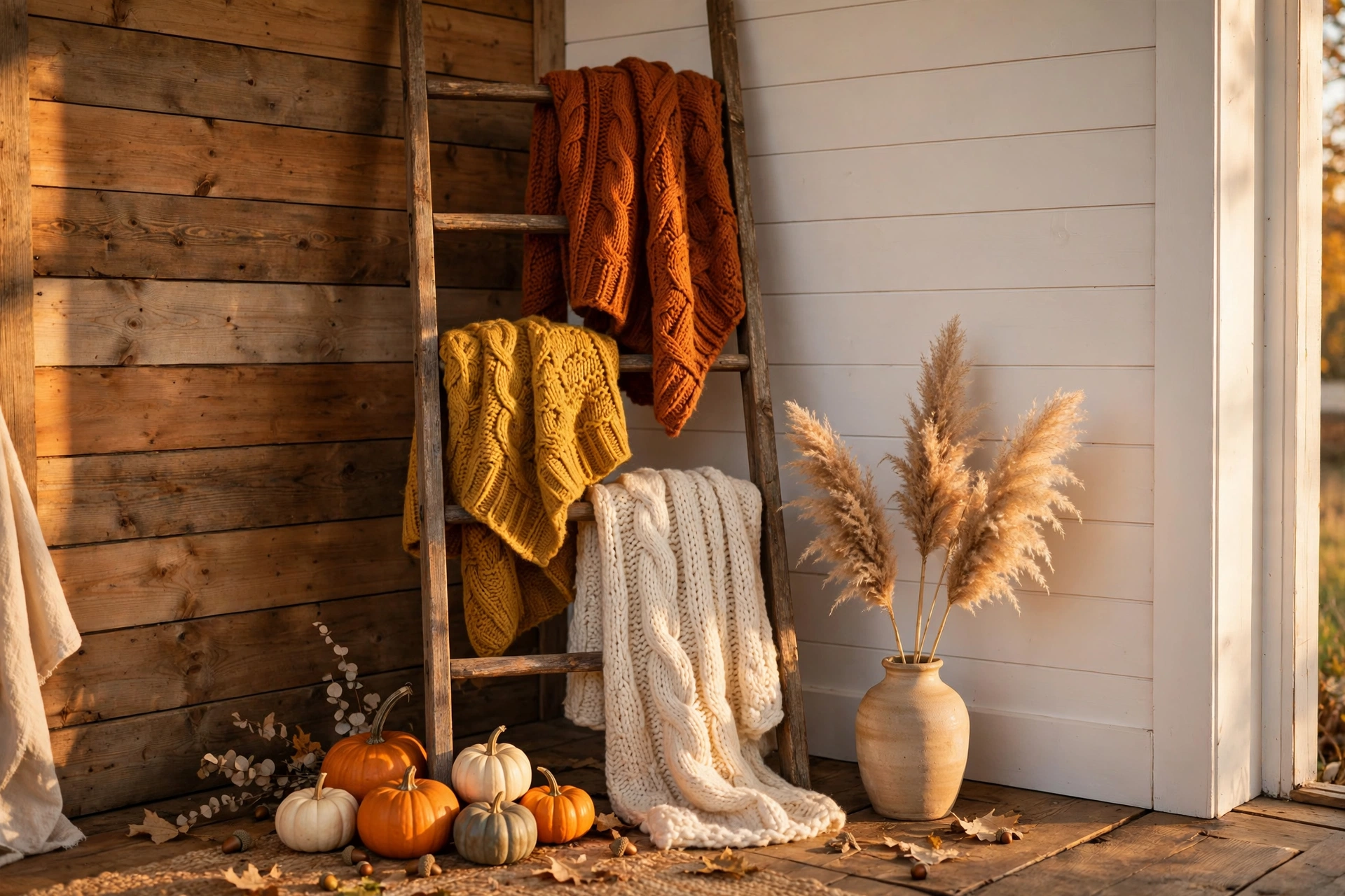 Handmade wooden blanket ladder styled for autumn with burnt-orange knit throws, pumpkins, and pampas grass in a cozy farmhouse corner