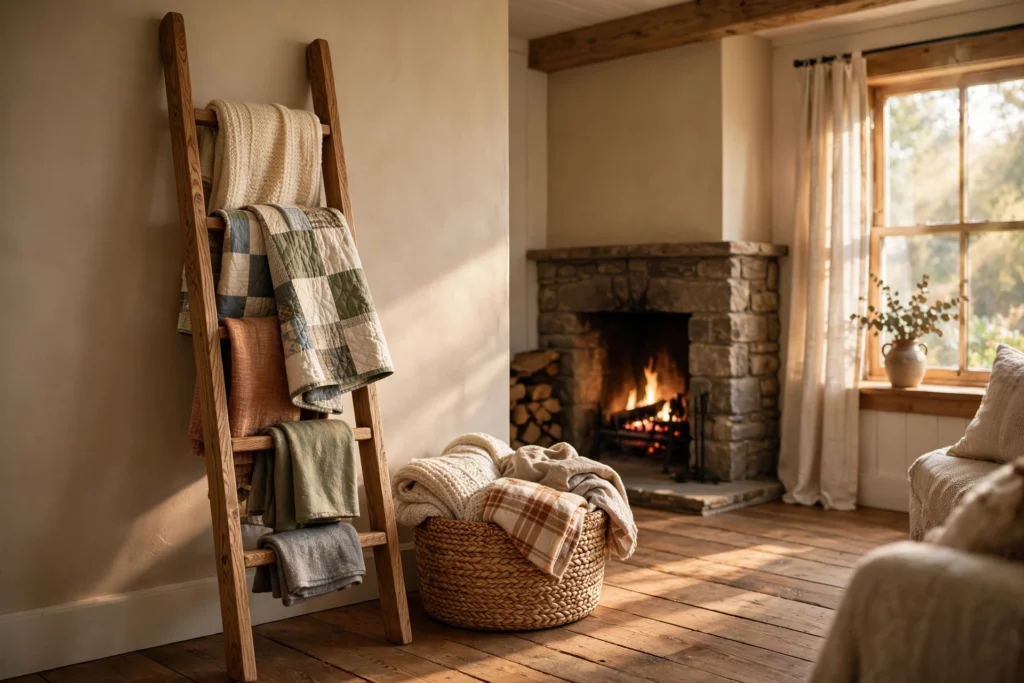 Handmade solid oak blanket ladder draped with chunky knit throw blankets in a cozy farmhouse living room