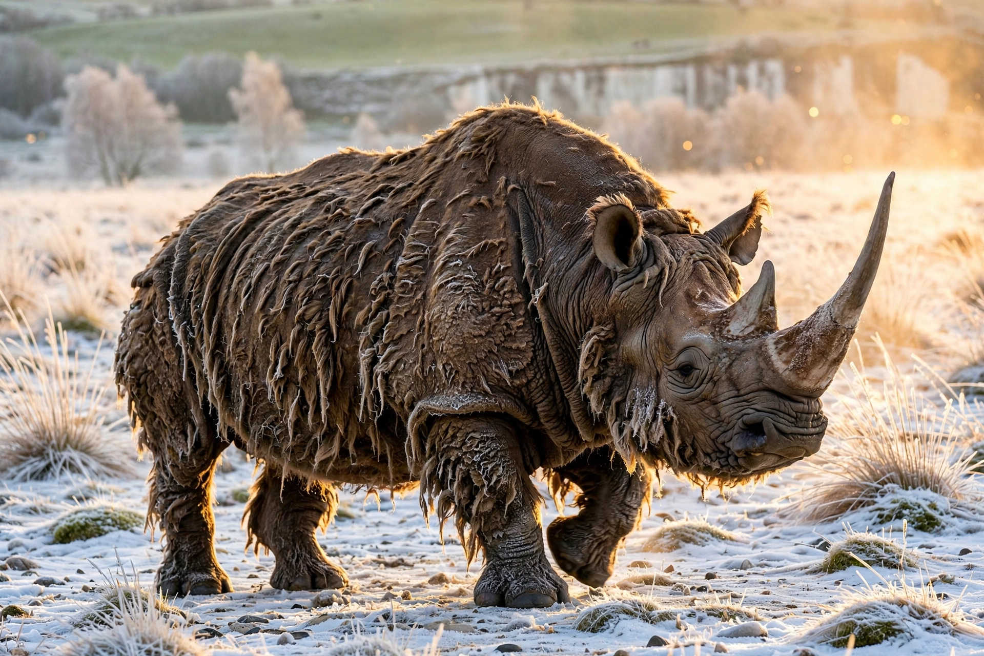 Woolly rhinoceros with shaggy coat walking through a snowy Ice Age landscape