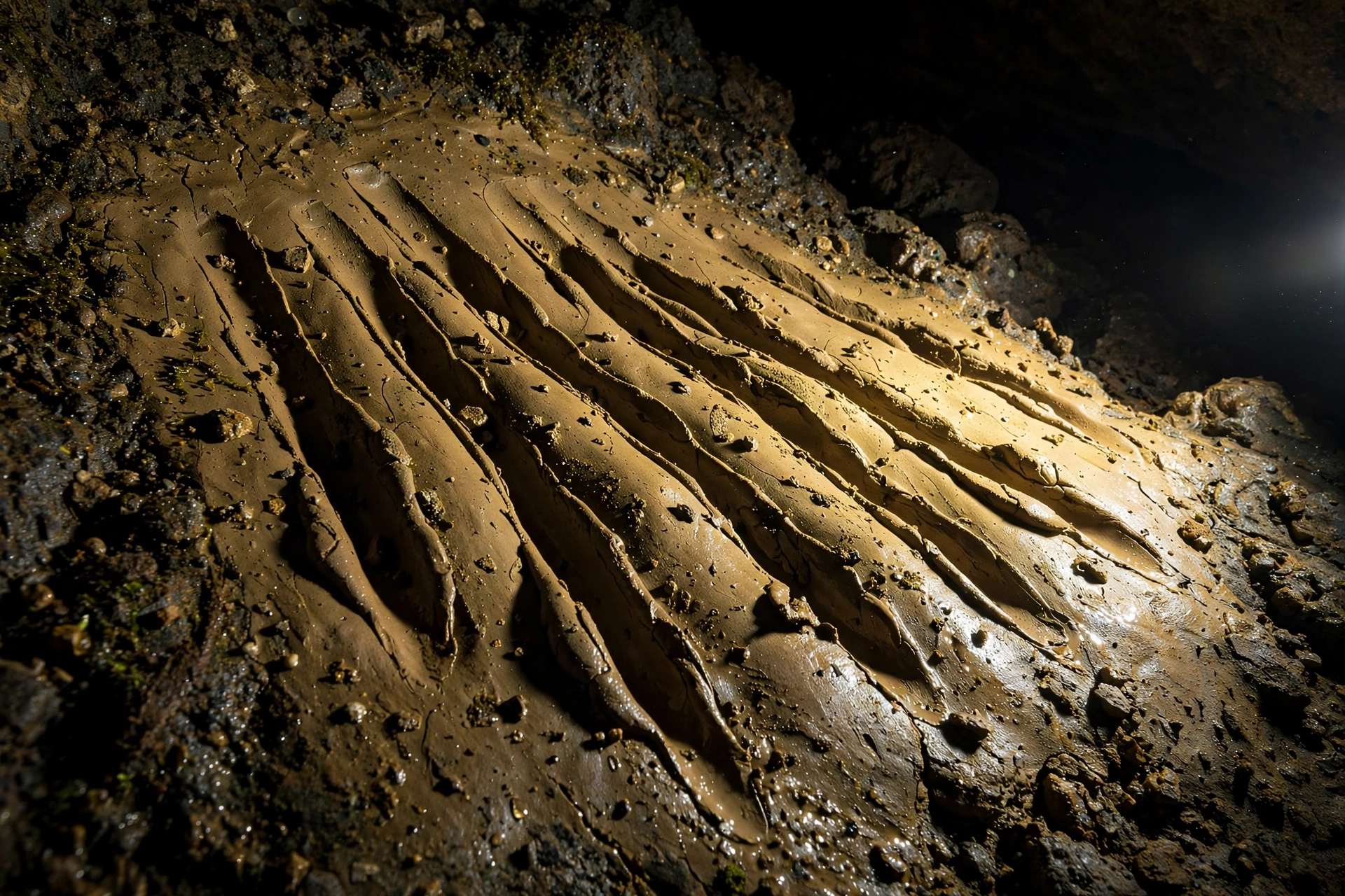 Close-up of prehistoric finger flutings, parallel grooves dragged through soft clay on a cave wall