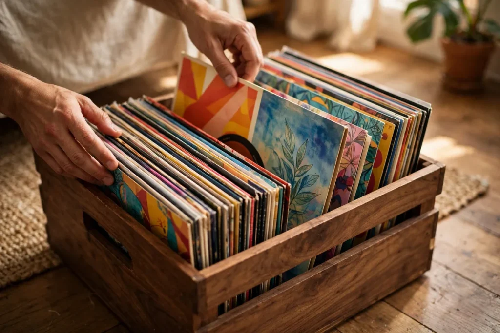 Hands flipping through vinyl record sleeves inside a walnut wood record crate