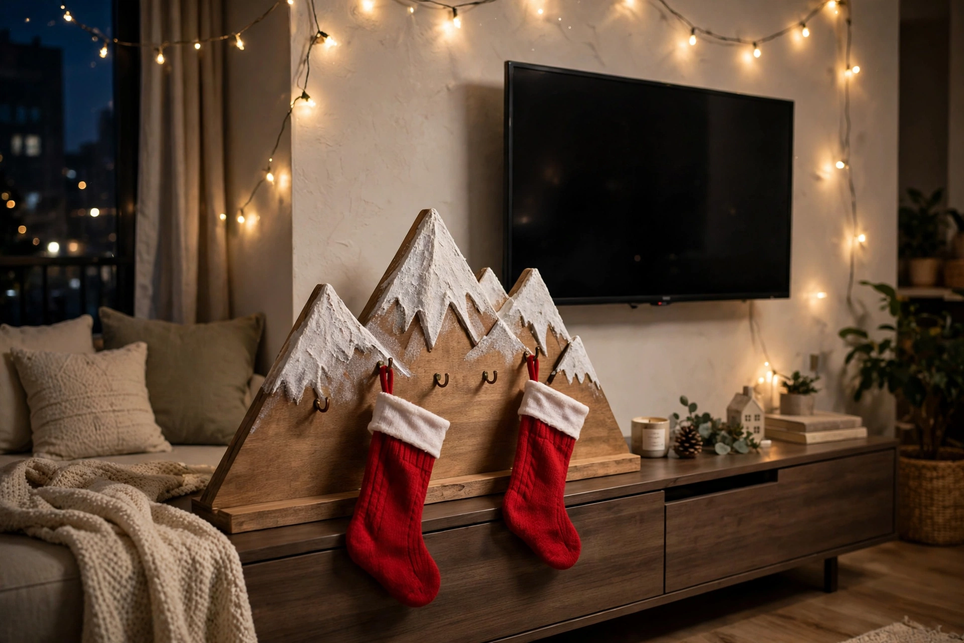 Wooden mountain stocking holder with snow-capped peaks on a TV console holding red stockings in a living room with no fireplace