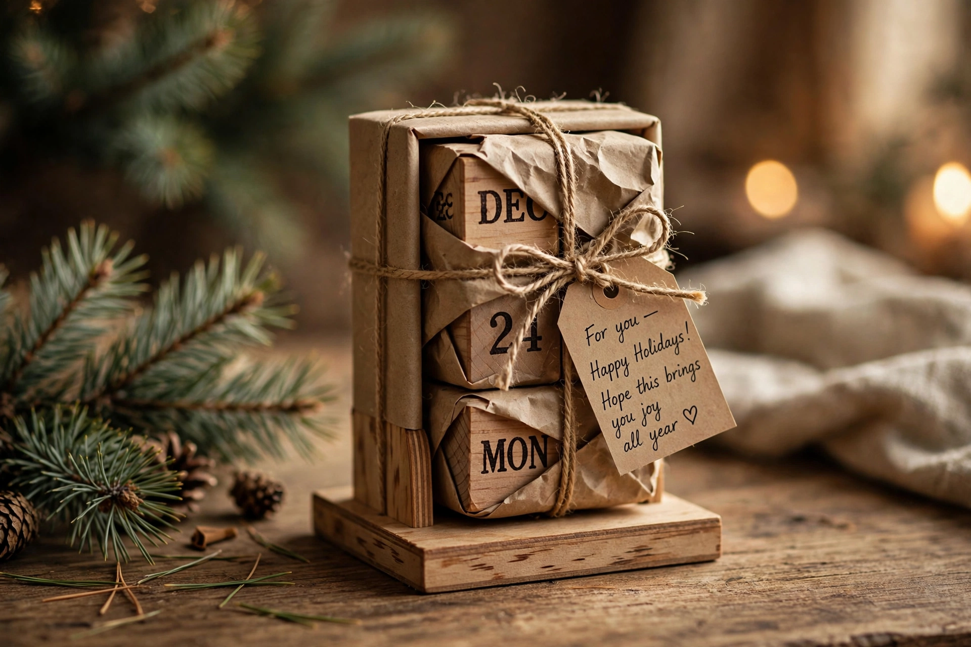 Vintage wooden perpetual calendar beautifully wrapped as a gift with ribbon, ready for birthdays and holidays