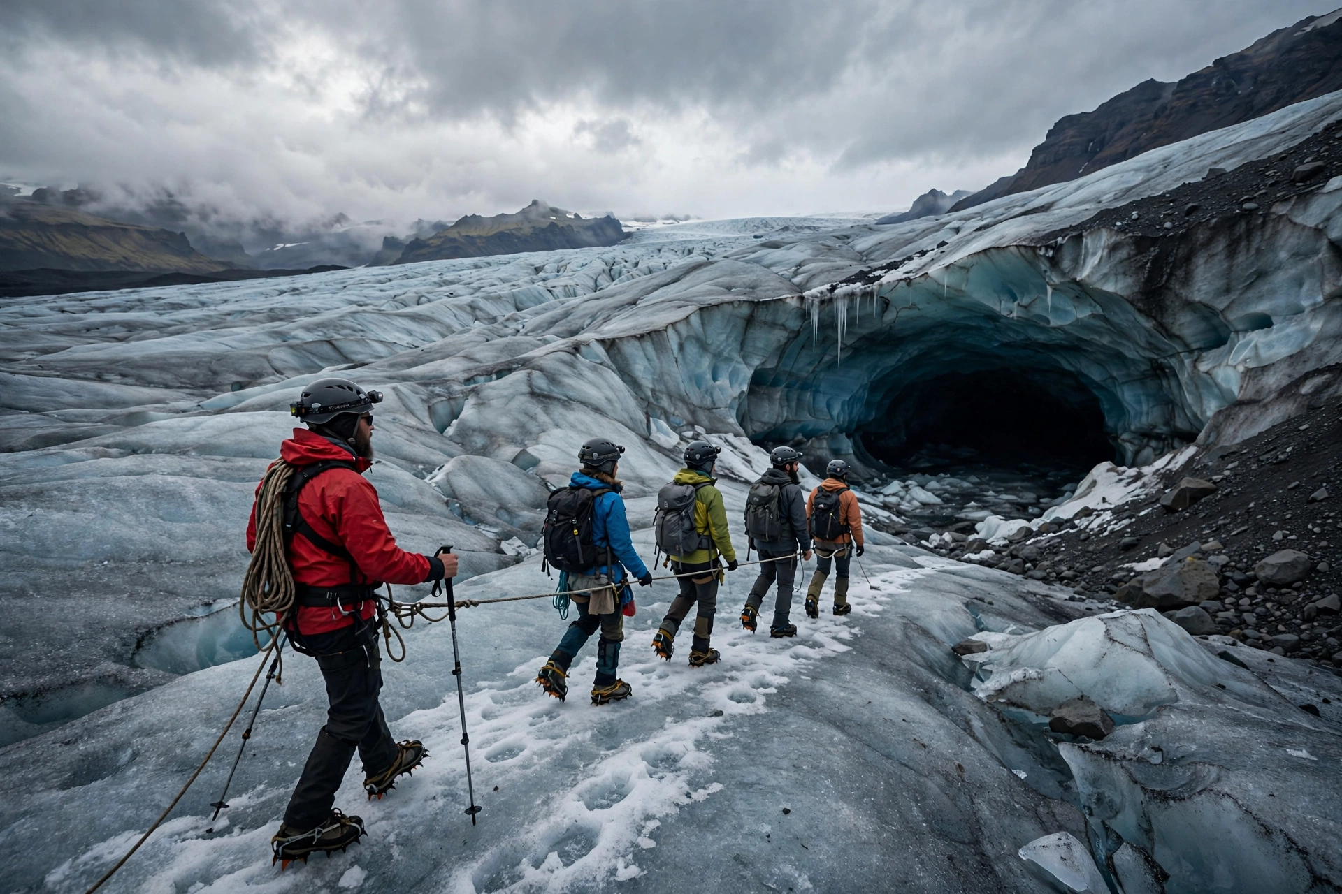 Hikers with crampons and helmets crossing the Falljokull glacier in Iceland toward an ice cave entrance