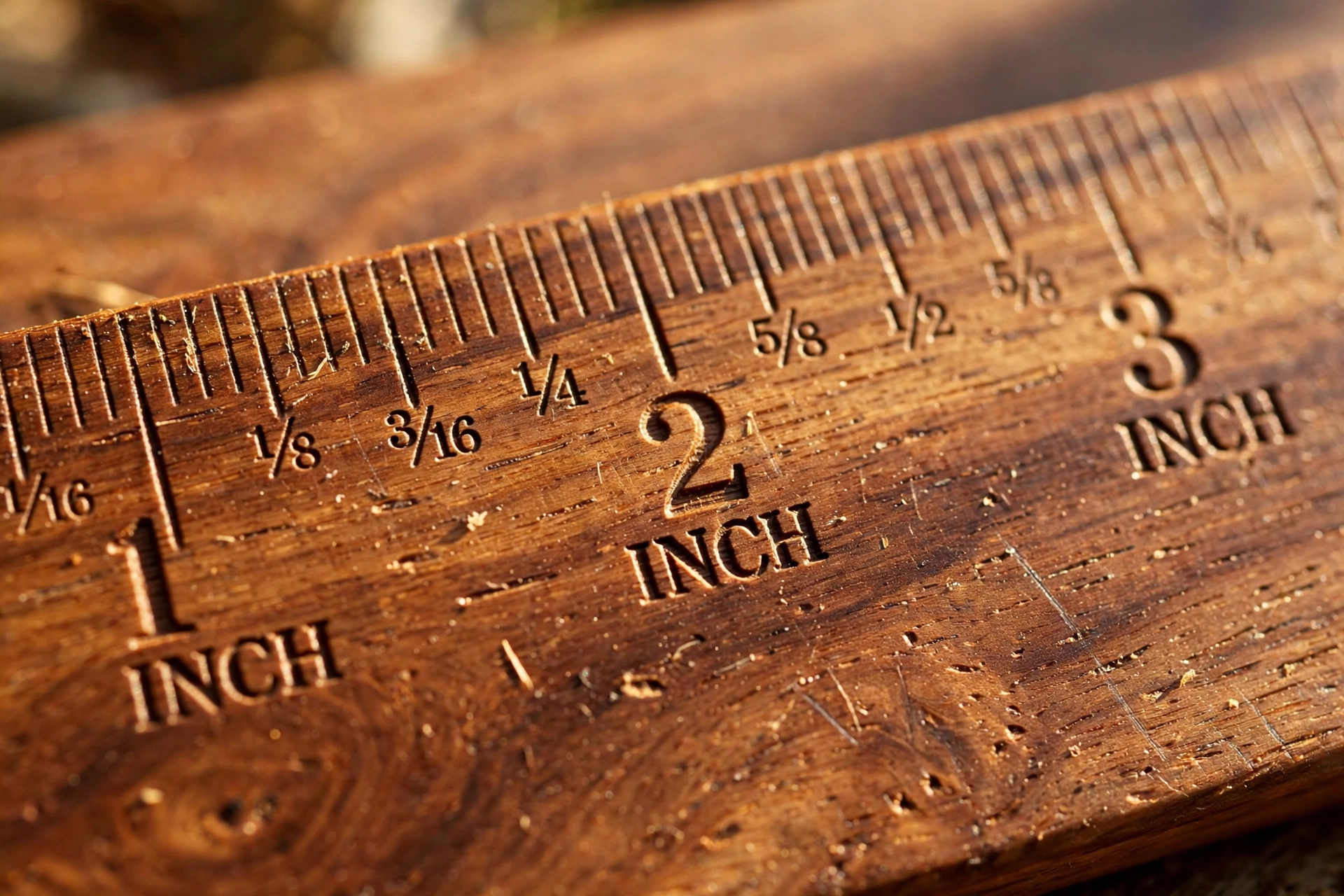 Extreme close-up of carved measurement marks and inch numbers engraved into polished hardwood of the growth chart ruler